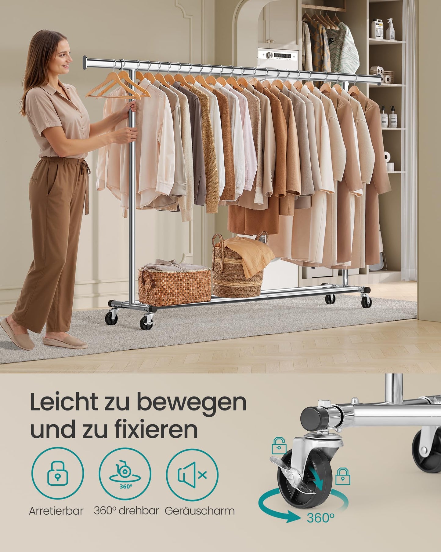 SONGMICS clothes rack on wheels, heavy-duty coat rack, extendable clothes rail, loads up to 150 kg, easy assembly, transportable, silver HSR175E01 - UHSR175E01