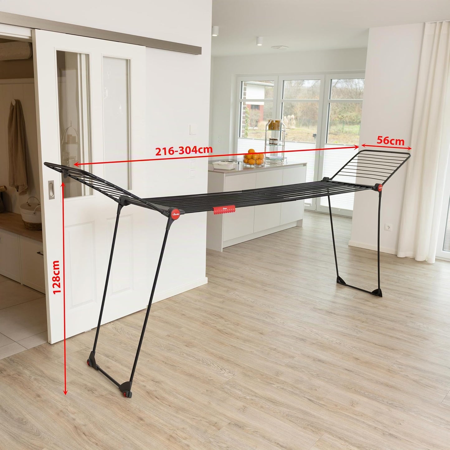 Vileda Infinity Flex Ultimate Drying Rack Black Edition | Extendable black telescopic frame, XXL drying rods | Foldable & pre-assembled - fewer marks for large textiles | Comfort pack - 178871