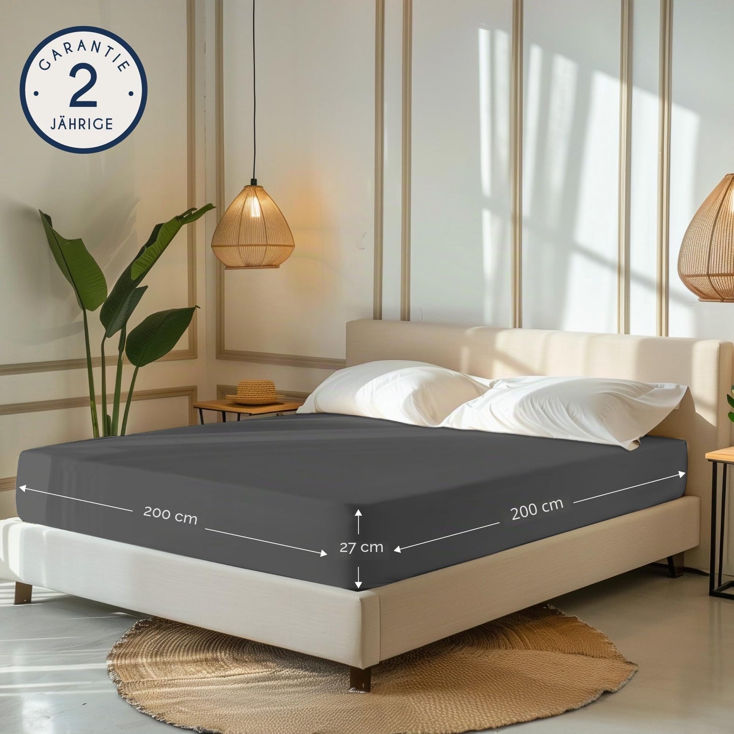 Dreamzie - fitted sheet 200x200cm - cotton Oeko Tex certified - anthracite gray - 100% jersey fitted sheet 200x200 - DHC_200x200_An_2