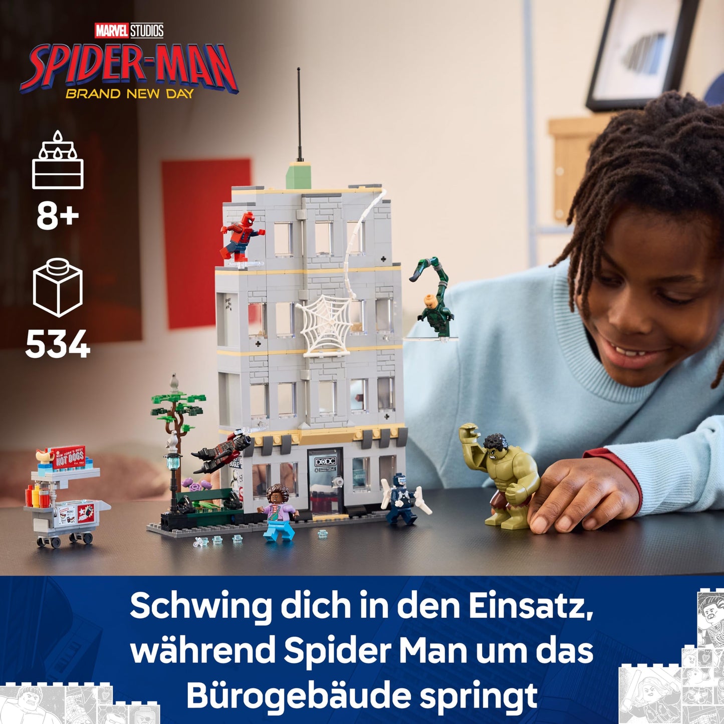 LEGO | Marvel Big Showdown: Spider-Man vs. Hulk - Interactive toy with 4-story office building, action figure and 5 minifigures including Scorpion - gift for boys aged 8 and up and fans - 76350
