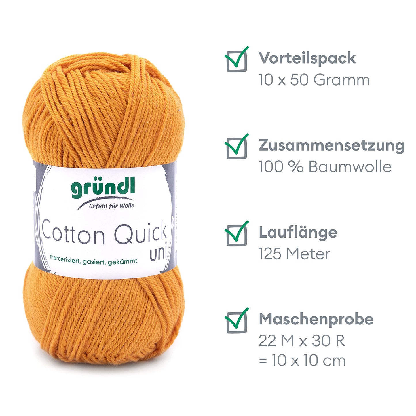 Gründl Wolle Cotton Quick uni - thin wool for crocheting - knitting yarn - crochet yarn - shiny and skin-friendly - 100% cotton - 10 balls 50 g / 125 m - needle size 3-4 - mustard - 865-124
