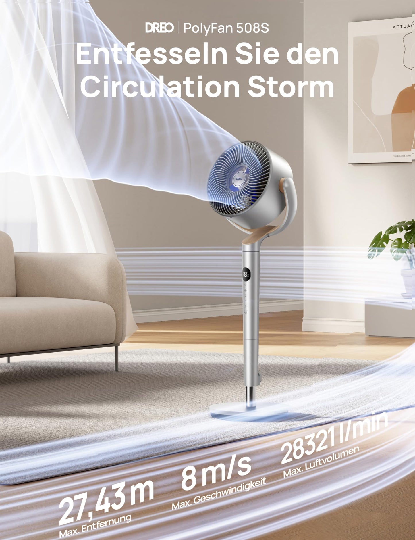 DREO Smart Pedestal Fan with RGB Light, 120° +120° Oscillating Fan with Remote Control, 20dB Quiet Floor Fan for Bedroom, 8H Timer, Silver - DR-HPF008S