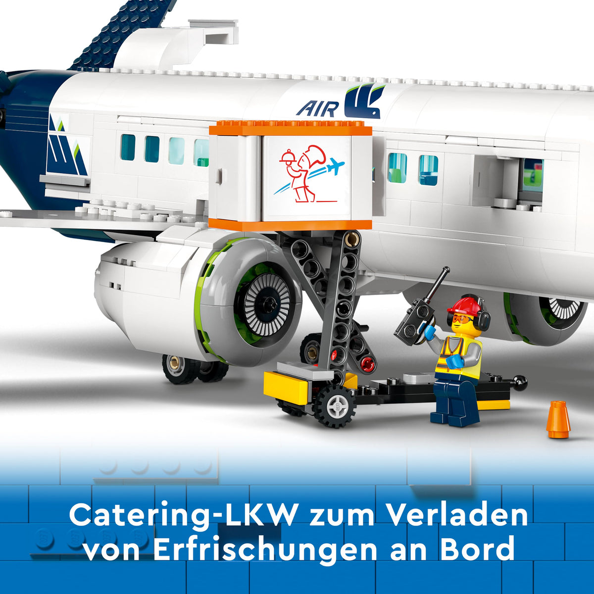 LEGO 60367 City Passenger Airplane Toy Set, large airplane model with airport ground crew vehicles: apron bus, pushback tug, catering loader, baggage cart, and 9 minifigures.