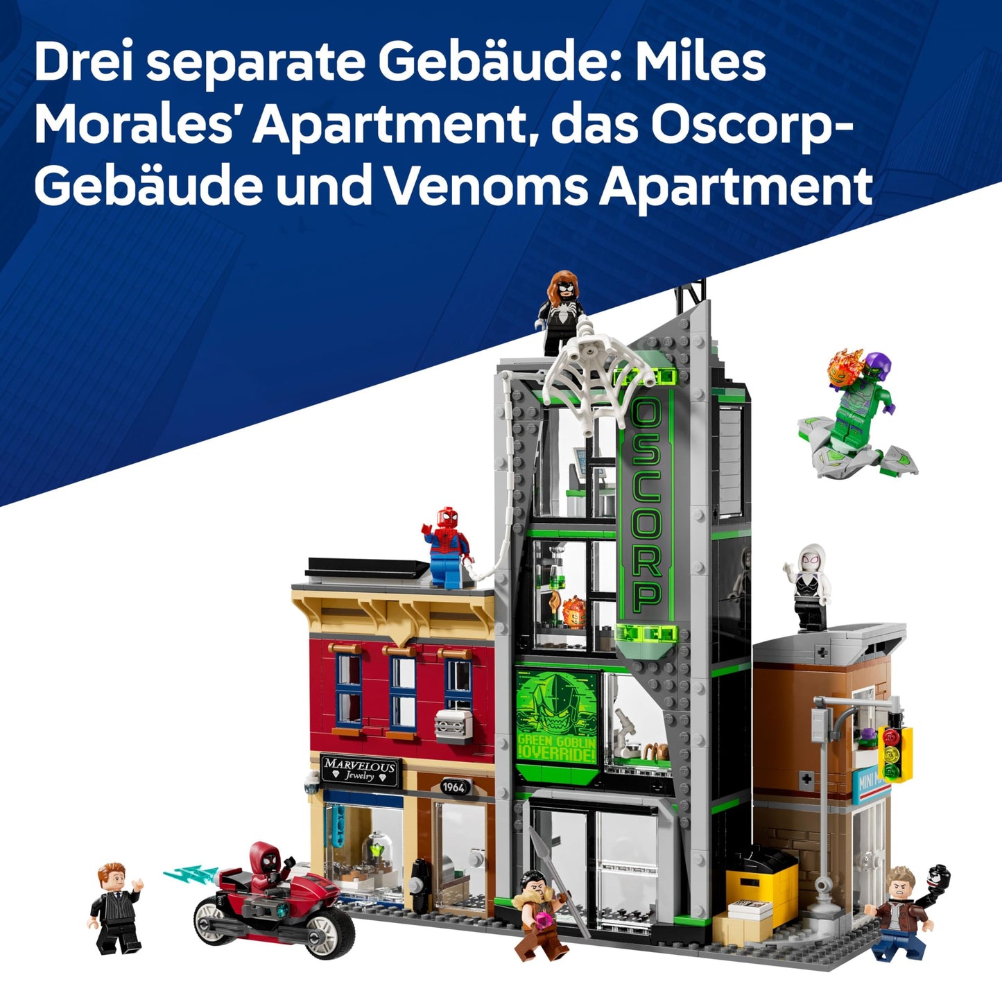 LEGO ǀ Marvel Spider-Man vs. Oscorp - collectible building set for children with 8 minifigures, including Spider-Woman, Miles Morales, Ghost Spider and Green Goblin - gift for ages 10 and up - 76324