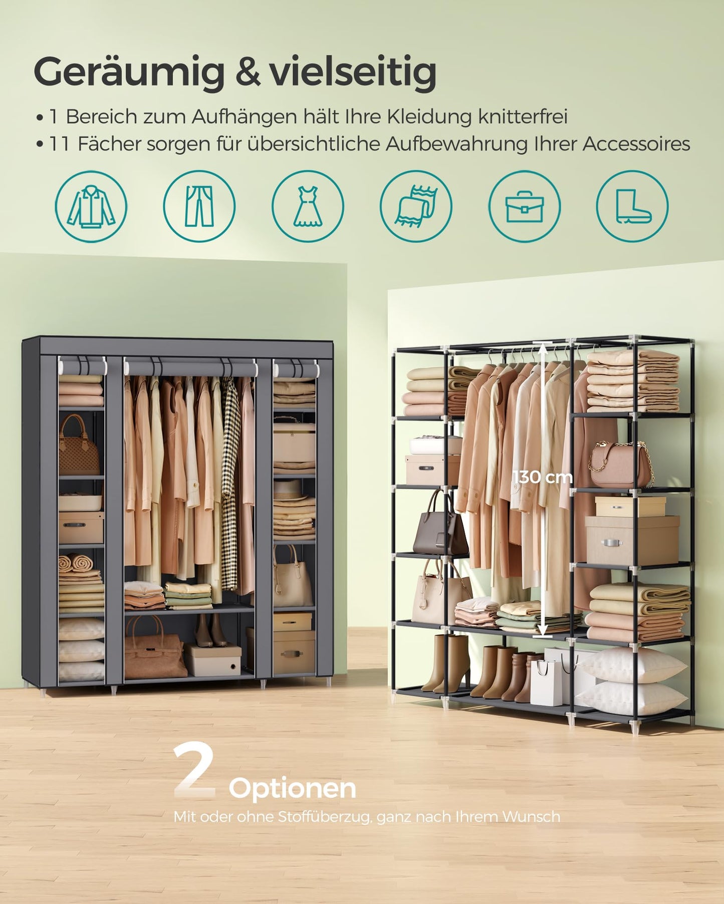 SONGMICS Wardrobe, Fabric Cupboard, 12 with Clothes Rail and Shelves, Sturdy Cupboard, for Bedroom, Dressing Room, 150 x 45 x 175 cm, Gray LSF03G