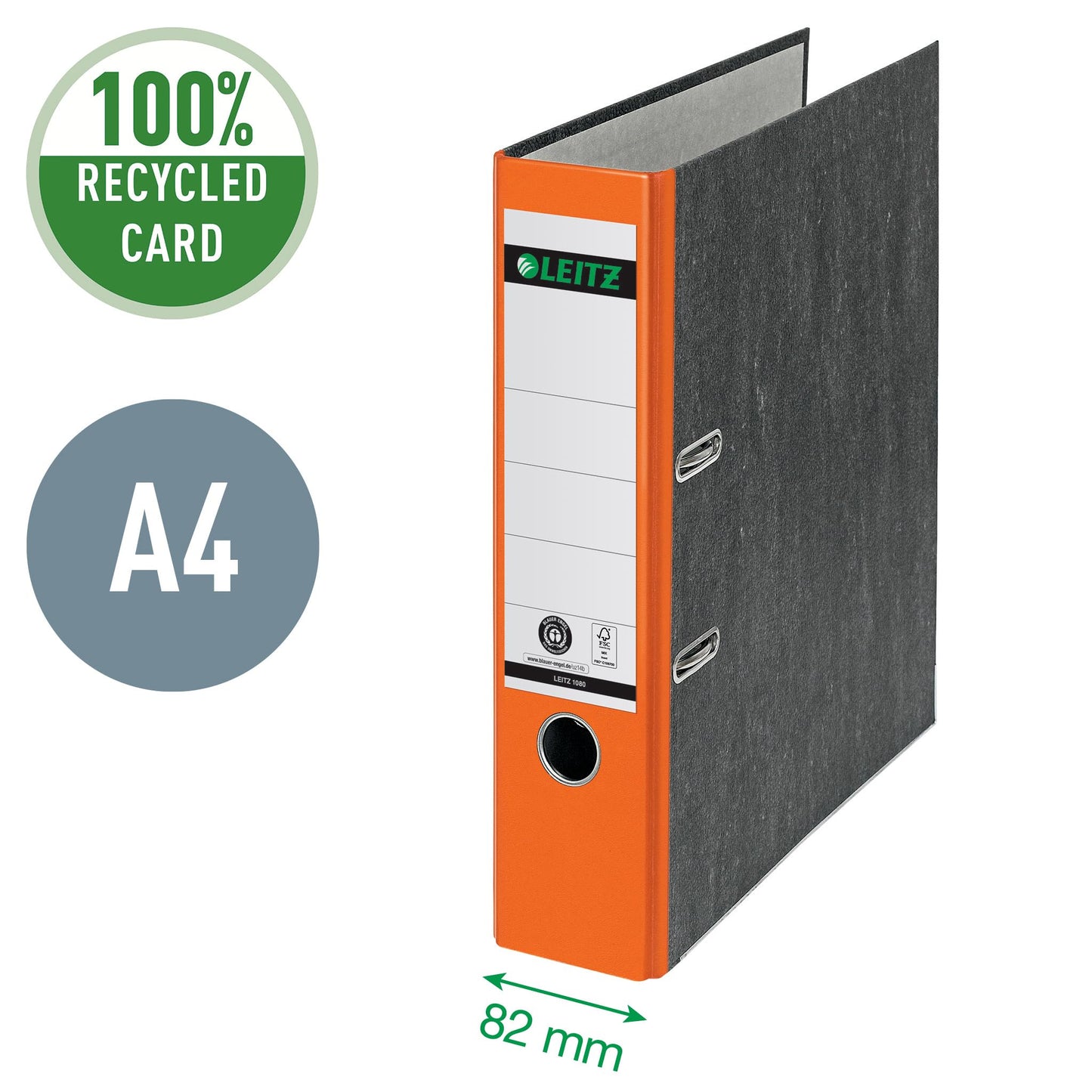 Leitz quality folders 180°, pack of 20, A4, 100 percent recycled cardboard, 8 cm spine width, cloud marble paper, orange spine, 10805045