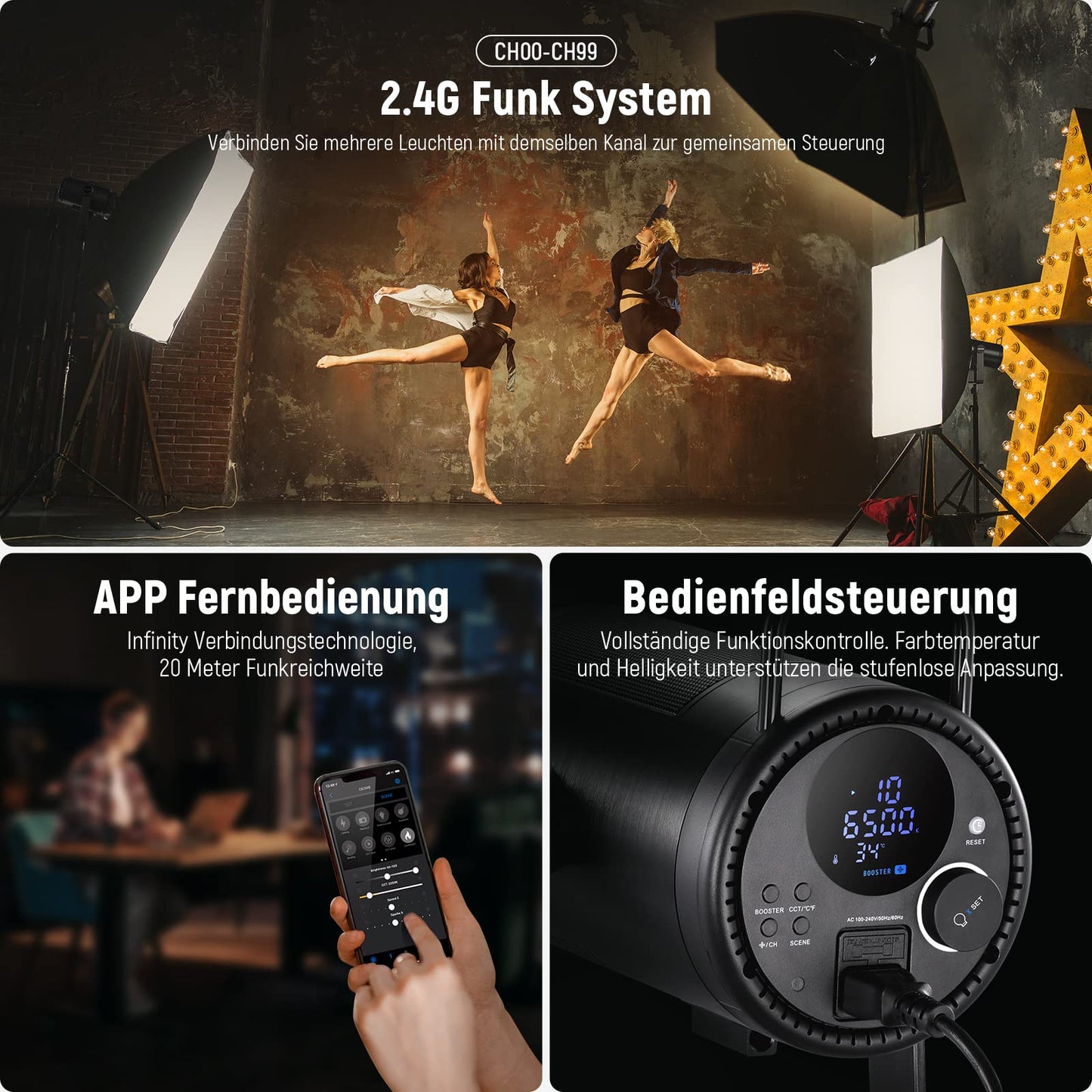 NEEWER CB200B 210W LED video light studio light with 2.4G/APP remote control, all-metal COB bi-color studio continuous light Bowens mount 90000Lux/1m 2700K-6500K CRI/TLCI97+ 12 effects for portrait