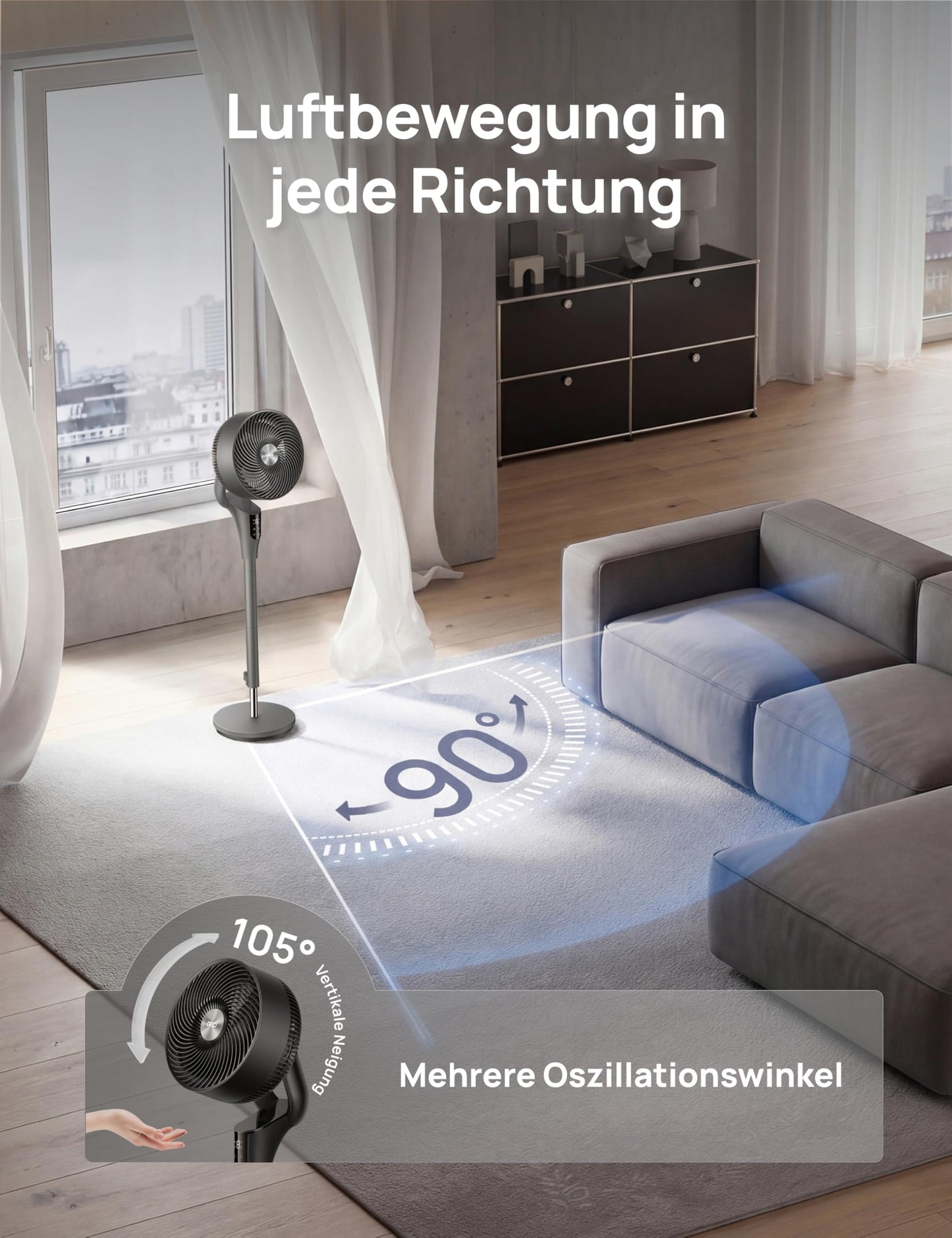 DREO Quiet Stand Fan for Bedroom [Improved], 27m Airflow, Quiet, 90° Oscillating, DC Motor, 8 Speeds, 3 Modes, 96-106cm Height Adjustable, 8H Timer, 105° Manual Tilt - DR-HPF013