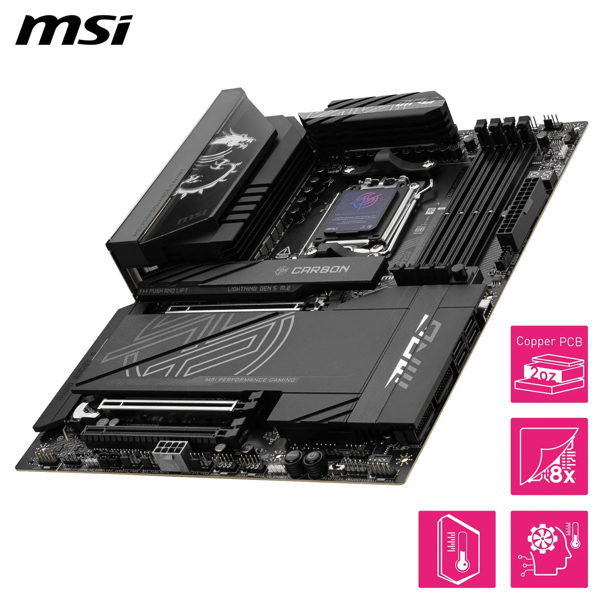 MSI MPG X870E Carbon WiFi Placă de bază, ATX - Suportă procesoare AMD Ryzen 9000/8000/7000, AM5-110A SPS VRM, DDR5 Memory Boost 8400+MT/s (OC), PCIe 5.0 x16 & 4.0 x16, M.2 Gen5, Wi-Fi 7, 5G LAN - 7E49-001R