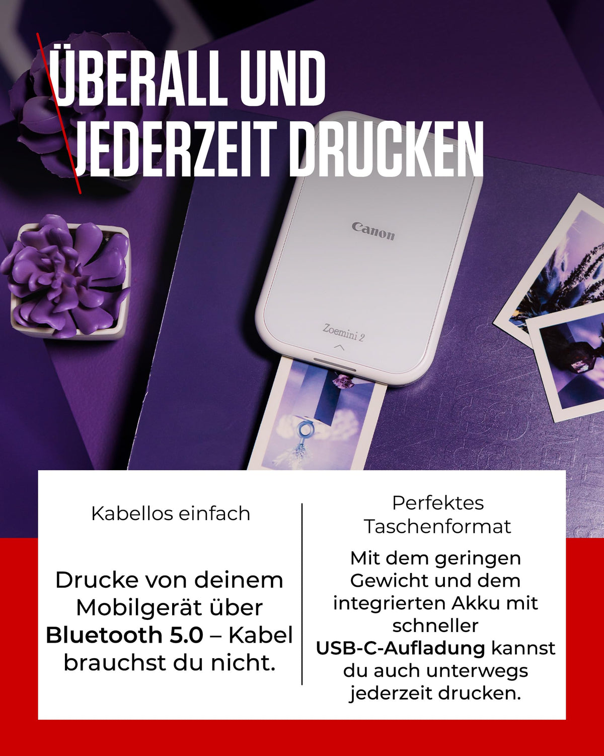 Canon ZOEMINI 2 Mini Fotodrucker pentru telefon + 20 de autocolante + 10 autocolante circulare - 5452C007