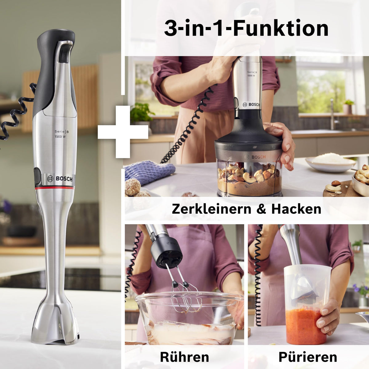 Bosch Hand Blender, Mixing Cup, Universal Chopper, Double Whisk, Stainless Steel Blades, Dishwasher Safe, Spiral Cable, 1500 Watts, ErgoMaster Series 8 MSM8M934
