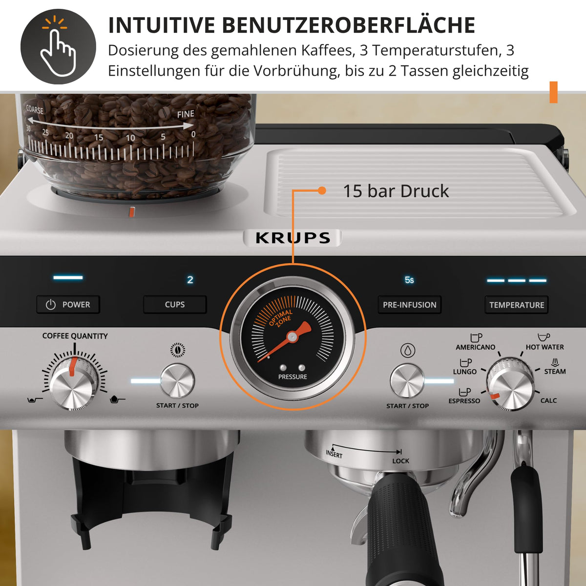 Krups Precision manual espresso machine with grinder, Barista coffee machine with intuitive control panel, pre-infusion settings, espresso machine with steam wand, quick heating, XP801T10