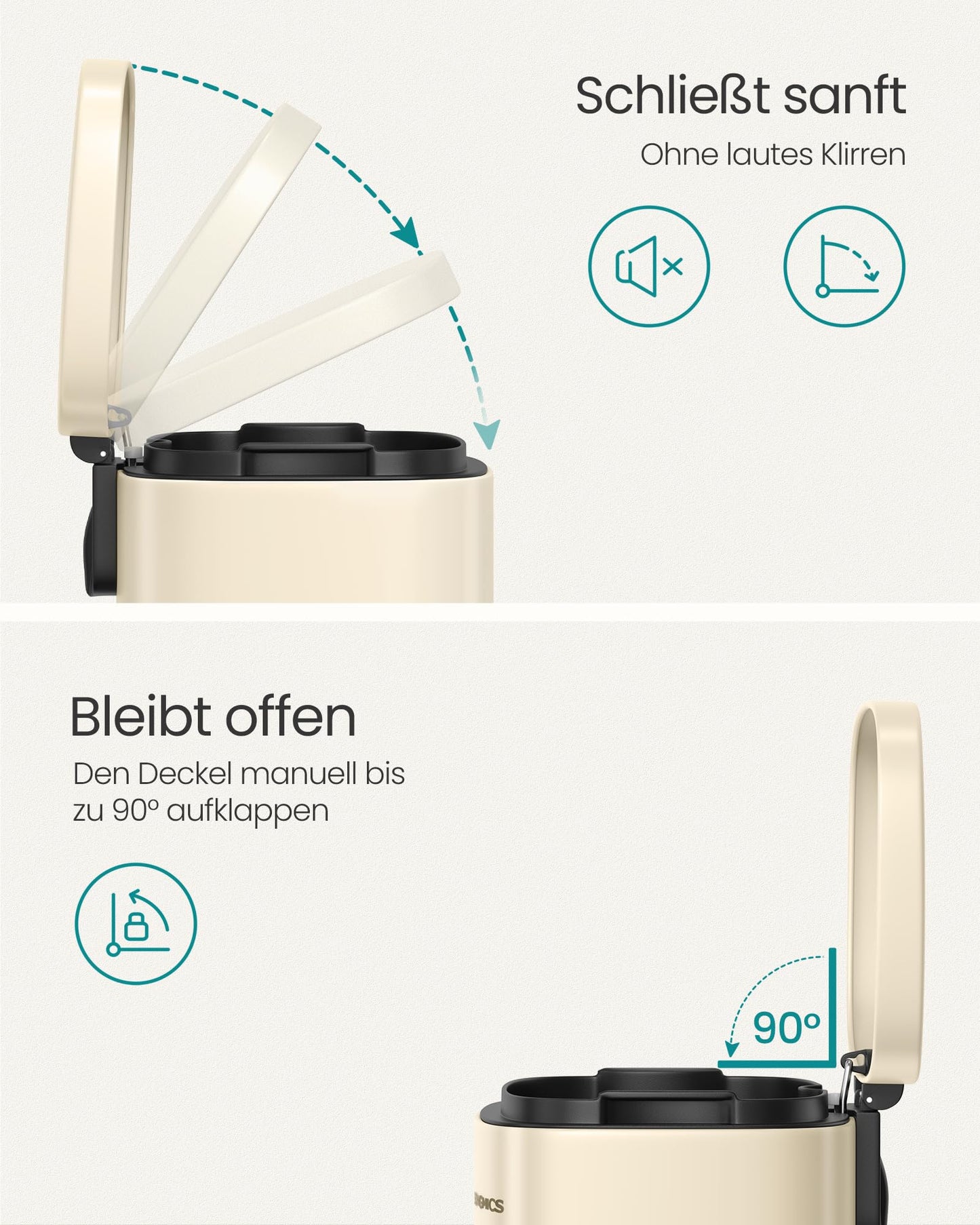 SONGMICS kitchen rubbish bin, 50 liters, waste bin, pedal bin, with lid, soft close, foot pedal, steel, inner bin, sand beige LTB050A02