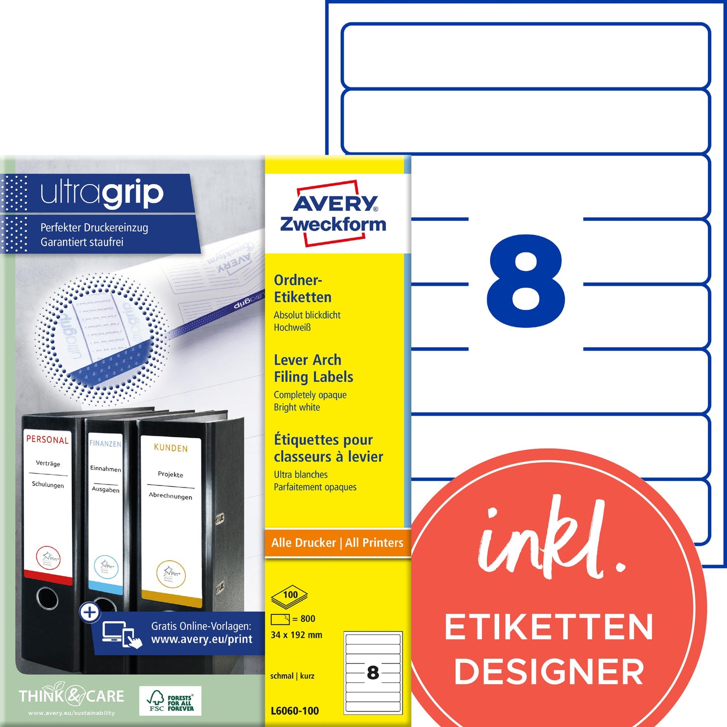 AVERY Zweckform L6060-100 folder spine labels (800 spine labels with ultragrip, 34x192mm on A4, narrow/short, self-adhesive, completely opaque, printable folder labels) 100 sheets, white