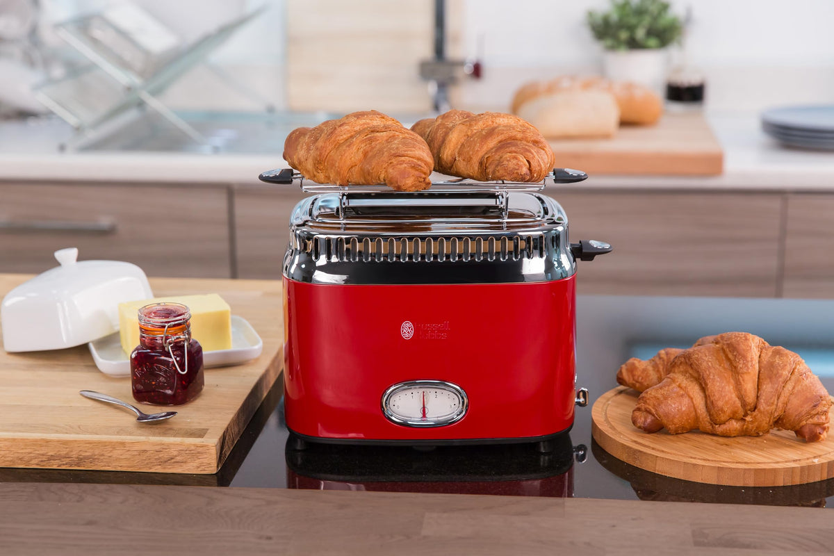 Russell Hobbs Toaster [for 2 slices] Retro Stainless Steel Red (Countdown display in retro design, includes bun warmer, 6 browning levels + defrost & reheat function, 1300W) Vintage 21680-56