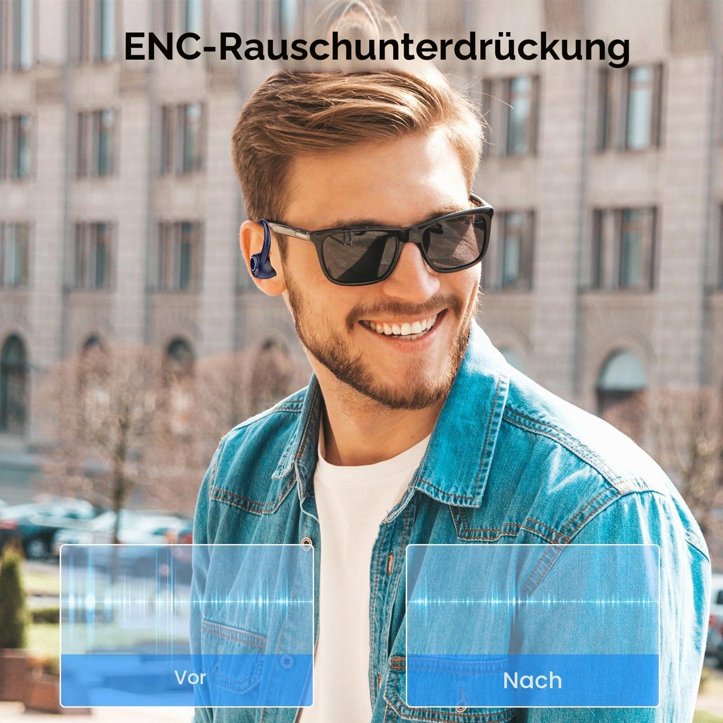 Csasan Bluetooth headphones sports, in-ear headphones, wireless Bluetooth 5.3 with ear hook, Hi-Fi stereo sound, 48 hour earbuds with 4 ENC noise canceling microphones, IPX7 waterproof earphones, blue - V90
