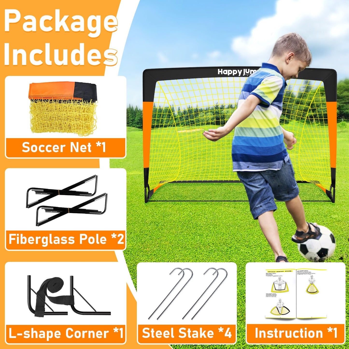 Happy Jump Pop-Up Football Goal - 120x90 cm, 1 Goal, Black Orange | Foldable Fiberglass Goal for Kids & Adults | Ideal for gardens and parks - A235262BQ1