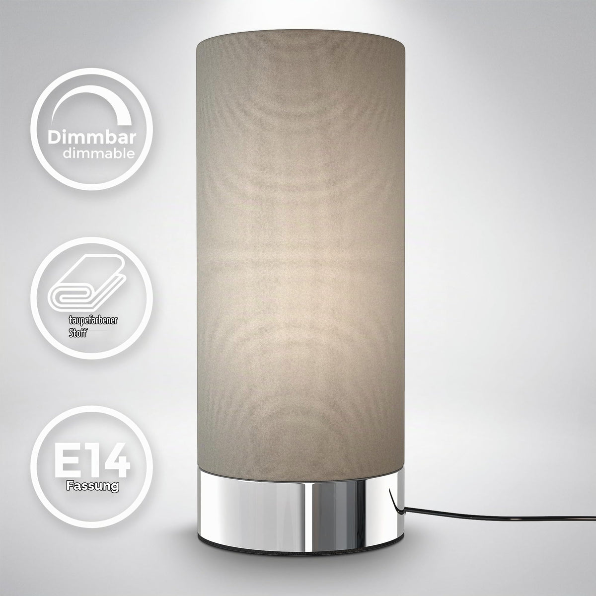 B.K.Licht - Touch Table Lamp, Dimmable, E14 Socket, Cylinder Fabric Shade, Table Lamp, Nightstand Light, Desk Lamp, Reading Lamp, Reading Light, 24.4x11 cm (DxH), Chrome-Taupe - BKL1438