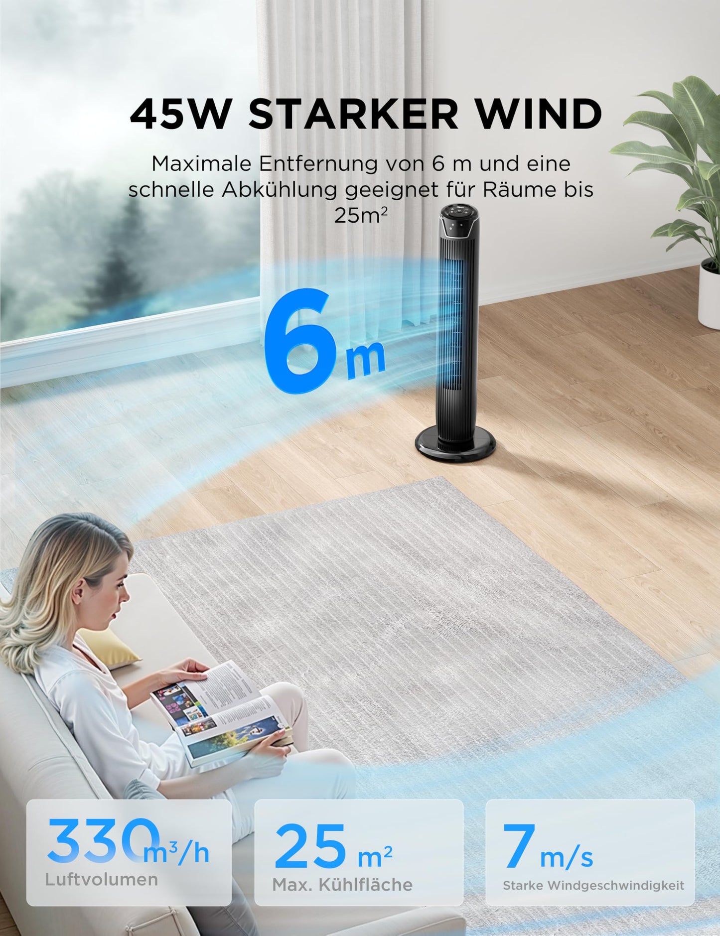 Midea FZ10-17JR Tower Fan Quiet with Remote Control 92CM, Mobile Fan, Column Fan, 7 Hour Timer, 3 Modes, 3 Speeds, 45W Stand Fan, Black
