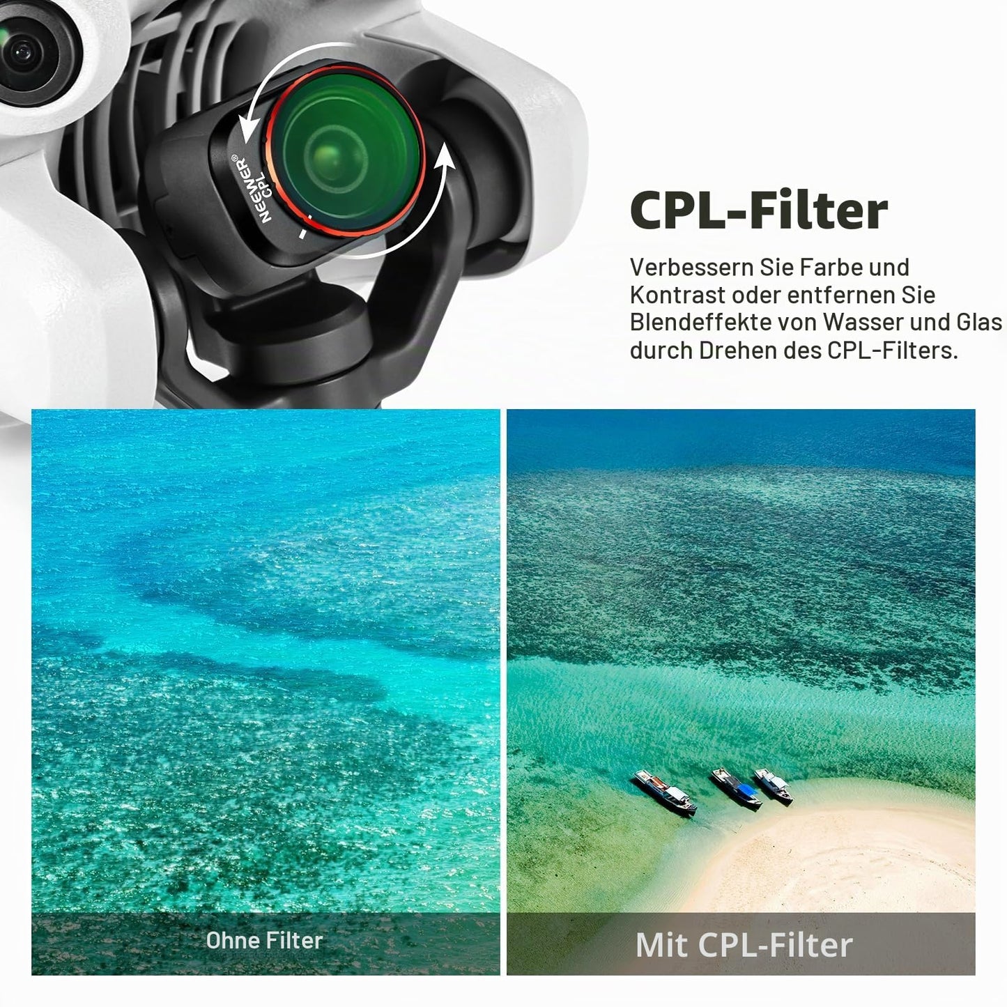 NEEWER ND and CPL filter set compatible with DJI Mini 4 Pro, 8 pieces, UV, CPL, ND8, ND16, ND32, ND64, ND128, ND256, polarization filter, neutral density drone lens accessories, multi-coated - 10103131