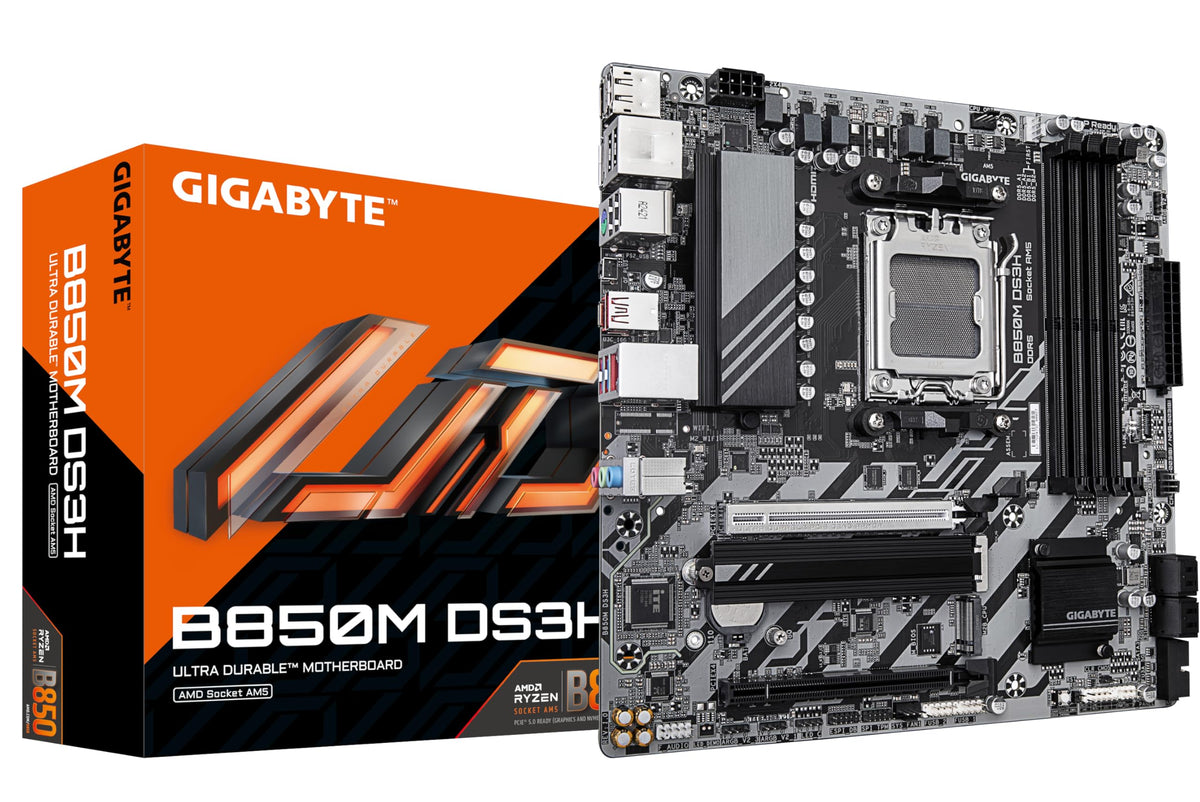 GIGABYTE B850M DS3H Motherboard - Compatible with AMD Ryzen 9000 Series CPUs, featuring a 16+2+2 Phase Digital VRM, supports up to 8200MHz DDR5 (OC), 1x PCIe 5.0 + 1x PCIe 4.0 M.2, 2.5 LAN, and USB 3.2 Gen 2.