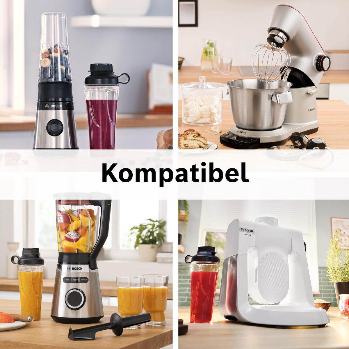 Set de accesorii Bosch MMZBTK1B din sticlă ToGo și cuțit, pentru robotul de bucătărie OptiMUM/Serie 6 / Serie 8, blenderul vertical VitaPower Serie 4 / Serie 2, 600 ml, rezistent la șocuri, cu capac, lavabil în mașina de spălat vase.