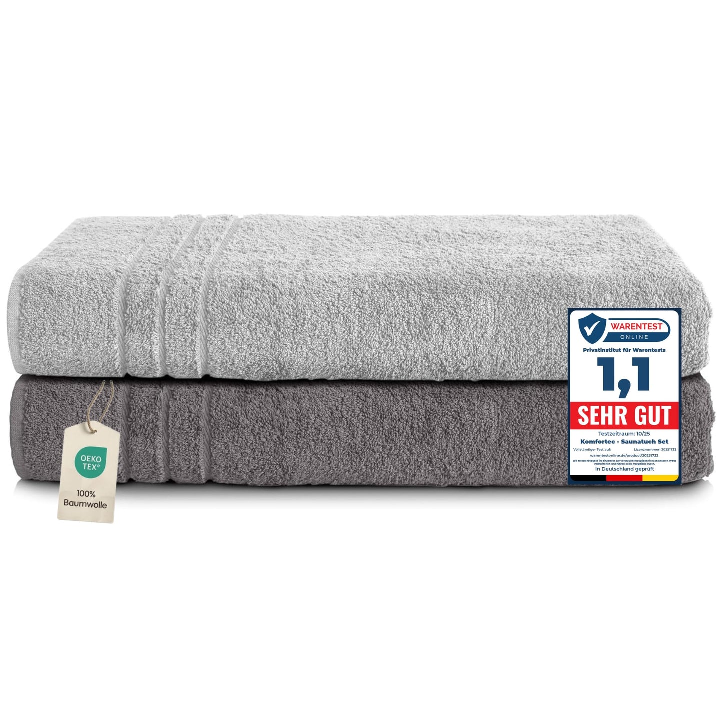 Komfortec 2 sauna towel set 80x200 cm, large sauna towels made of 100% cotton, sauna towels, fluffy and absorbent, quick-drying, anthracite gray/silver - 2er-80x200-anthrazit-silber