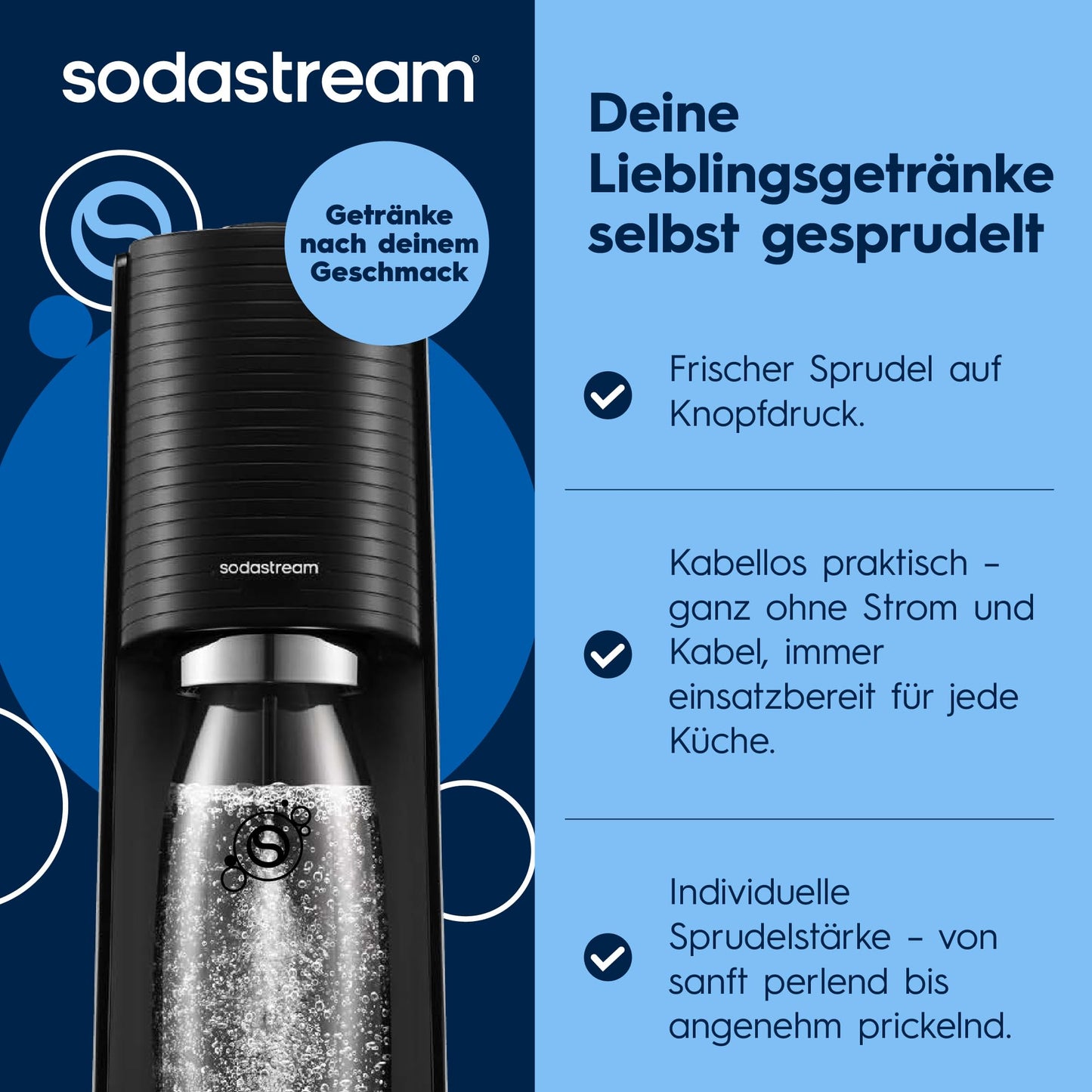 Sodastream TERRA water carbonator, soda stream machine value pack with 1 Quick Connect 60L CO2 cylinder, 2x 1L and 1x 0.5L dishwasher-safe plastic bottles, height 44 cm, black - 1012813491