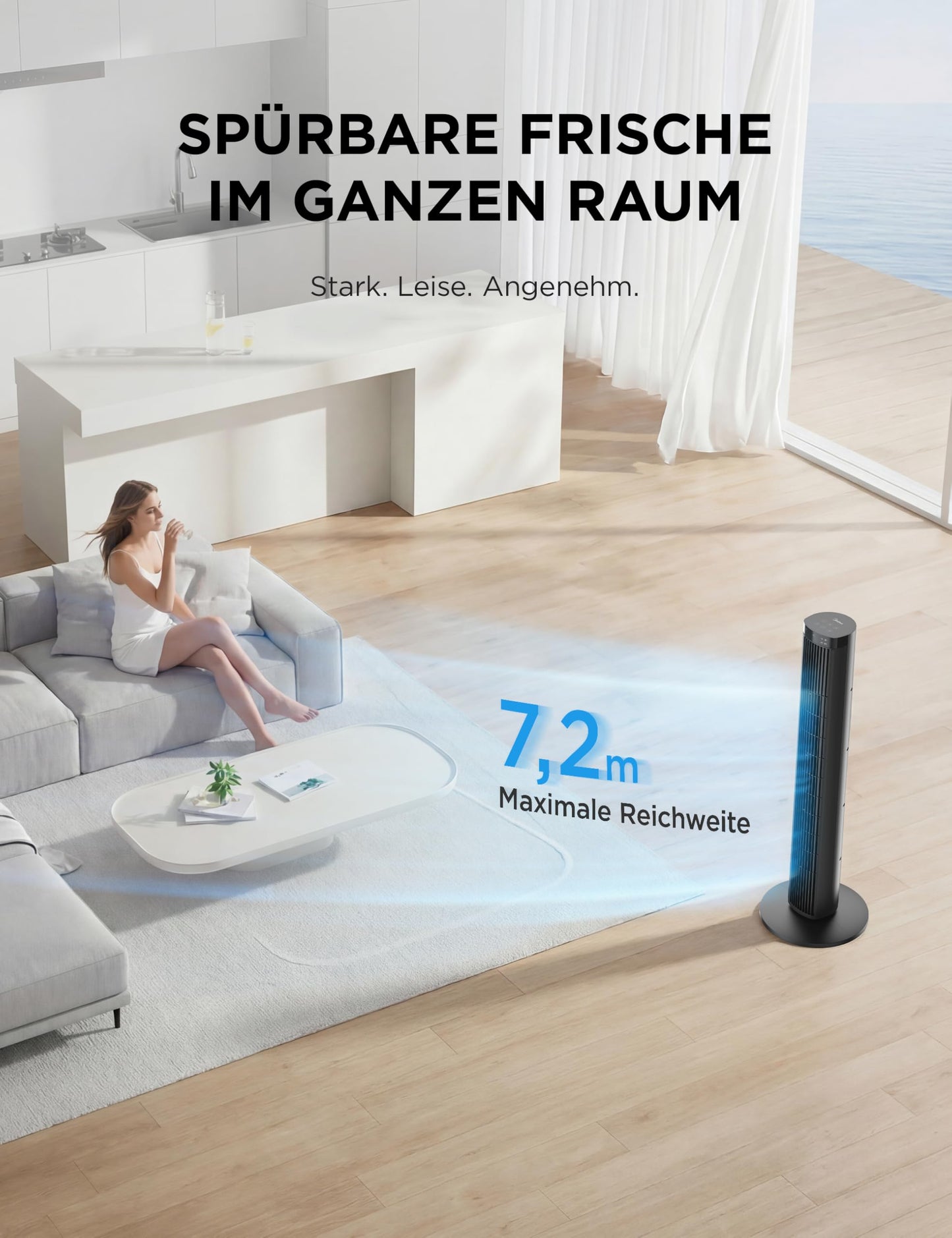 Midea tower fan with remote control FZ10-26MR(BL), 97 cm, 33 dB quiet, 90° oscillation, 15H timer, LED display, 4 speeds & 4 modes, for bedroom & office, black