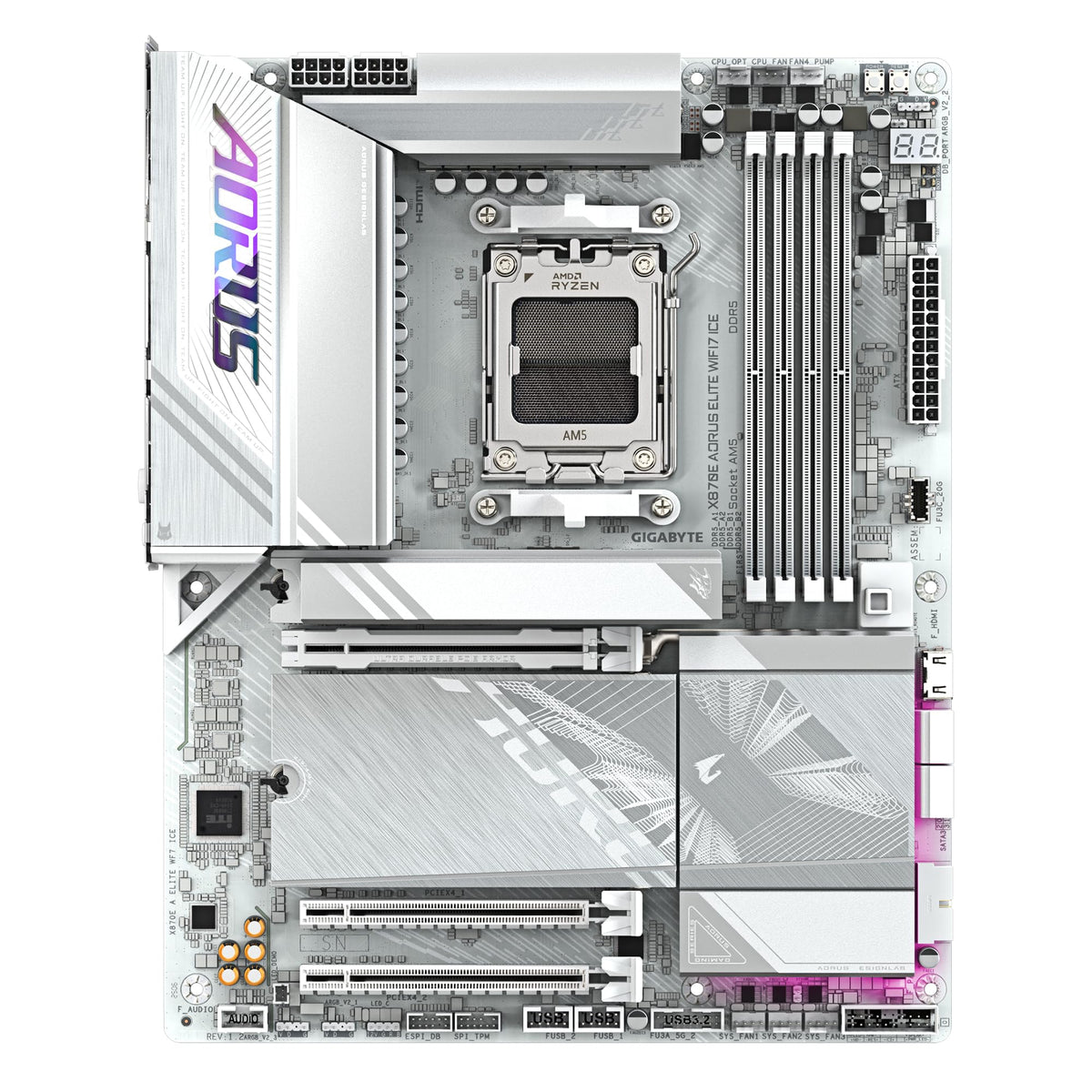 GIGABYTE X870E AORUS Elite WIFI7 Ice Mainboard – Supports AMD Ryzen 9000 processors, digital 16+2+2 phase VRM, up to 8200 MHz DDR5 (O.C.), 3X PCIe 5.0 + 1x PCIe 4.0, Wi-Fi 7, 2.5 GbE LAN