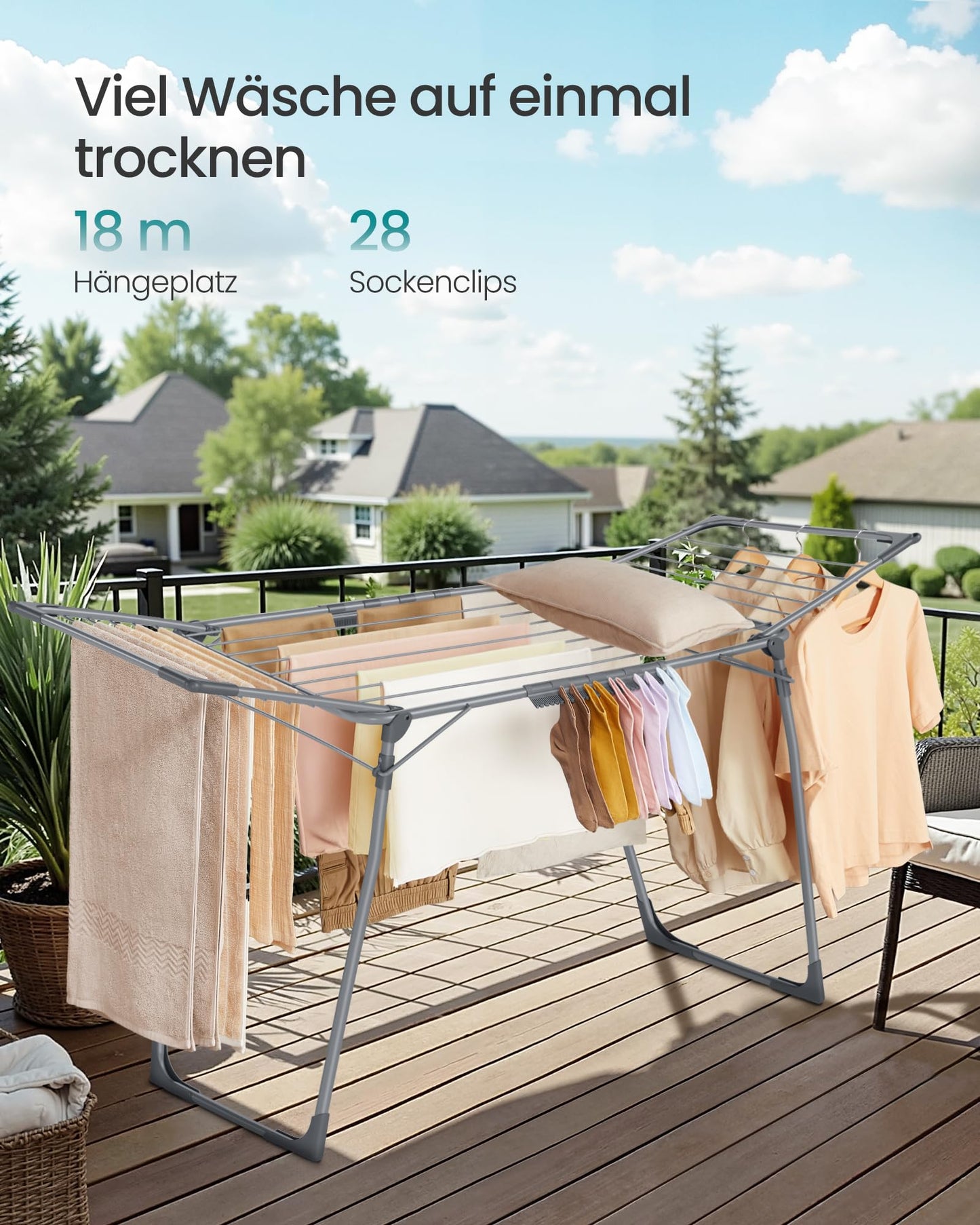SONGMICS clothes airer, stand dryer 52.5 x 173 x 96.5 cm, wing clothes airer, wing clothes dryer, space-saving, with sock holder, metal, for clothes, towels, laundry, gray LLR518G01