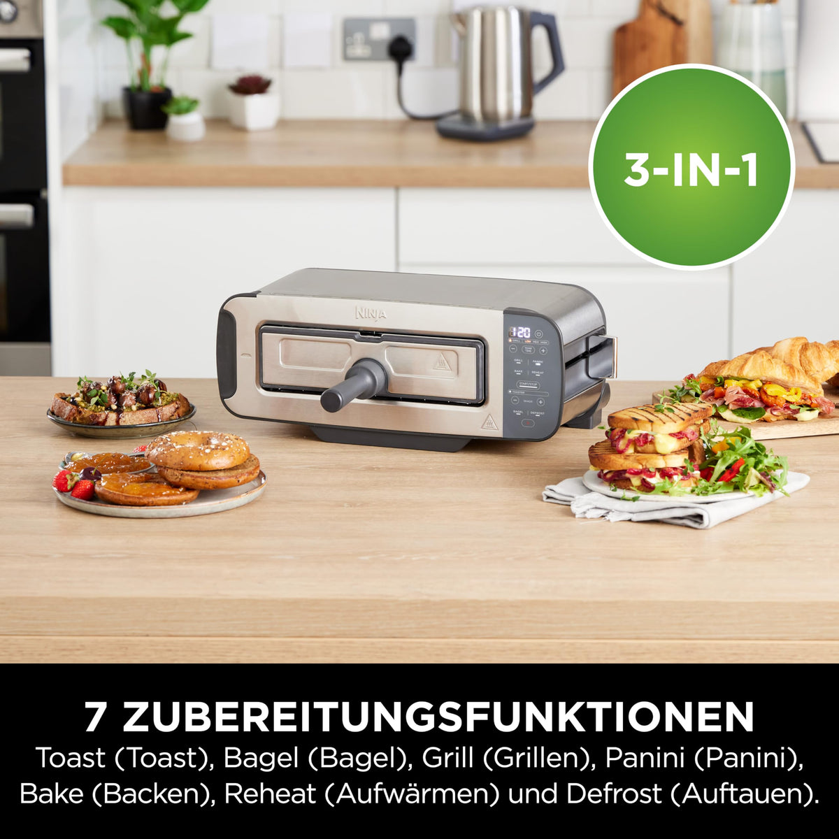 Ninja Foodi 3-in-1 Toaster, grill electric cu capac, oțel inoxidabil, ST202EU