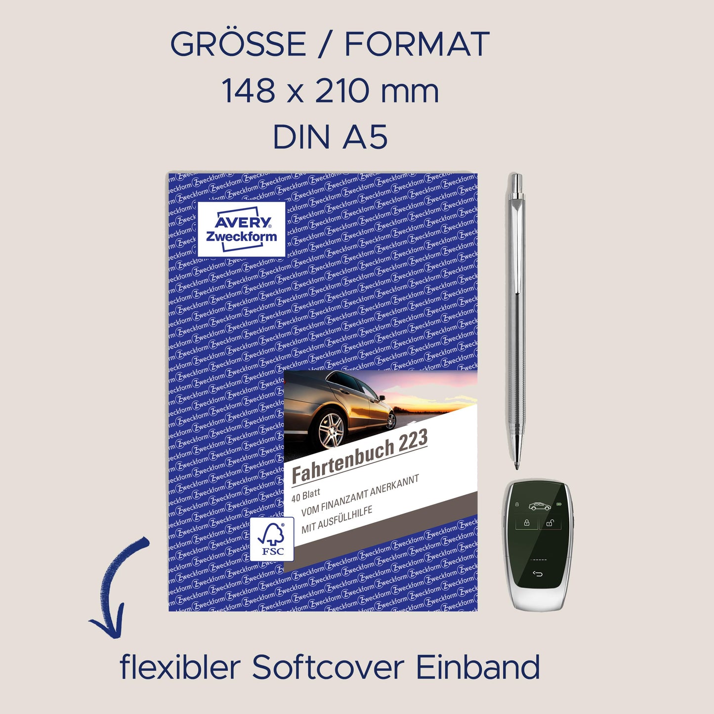 AVERY Zweckform 223-5 softcover car logbook (tax office recognized, DIN A5 210x148mm, 80 pages, 858 trips, Germany & Austria, delimitation of private/business trips) pack of 5