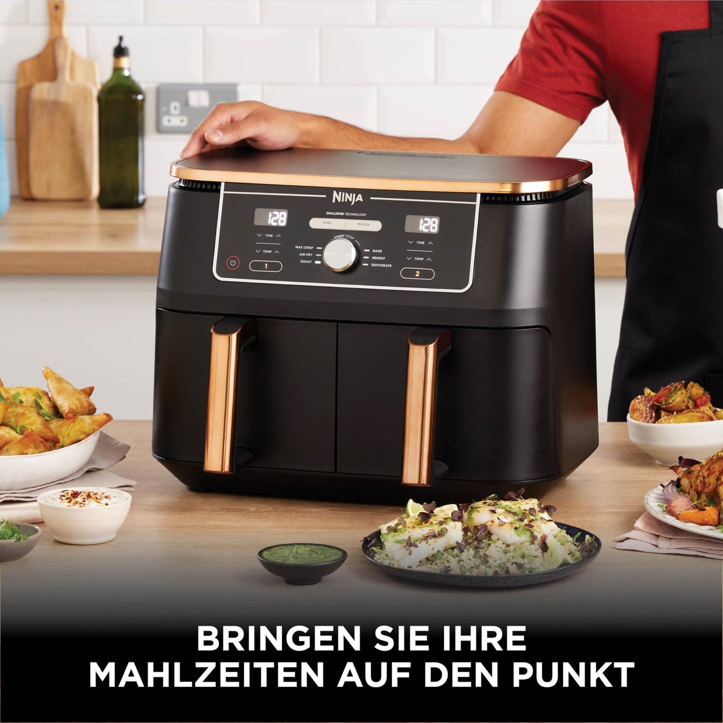 Ninja Foodi MAX Dual Zone Air Fryer, 9.5L Airfryer, 2 Compartments, with Tongs, Non-Stick Coating, Dishwasher Safe Baskets, 6-in-1, Amazon Exclusive, Copper/Black, AF400EUCP