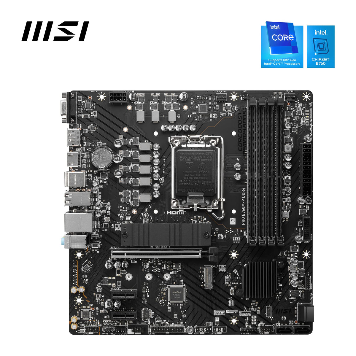 Placa de bază MSI PRO B760M-P DDR4, suportă procesoare Intel de generația 12, 13 și 14 Core, LGA 1700, DDR4 Memory Boost 4800+MHz/OC, slot PCIe 4.0 x16, sloturi M.2 Gen4, Micro-ATX, divers, M-ATX - 7E02-001R