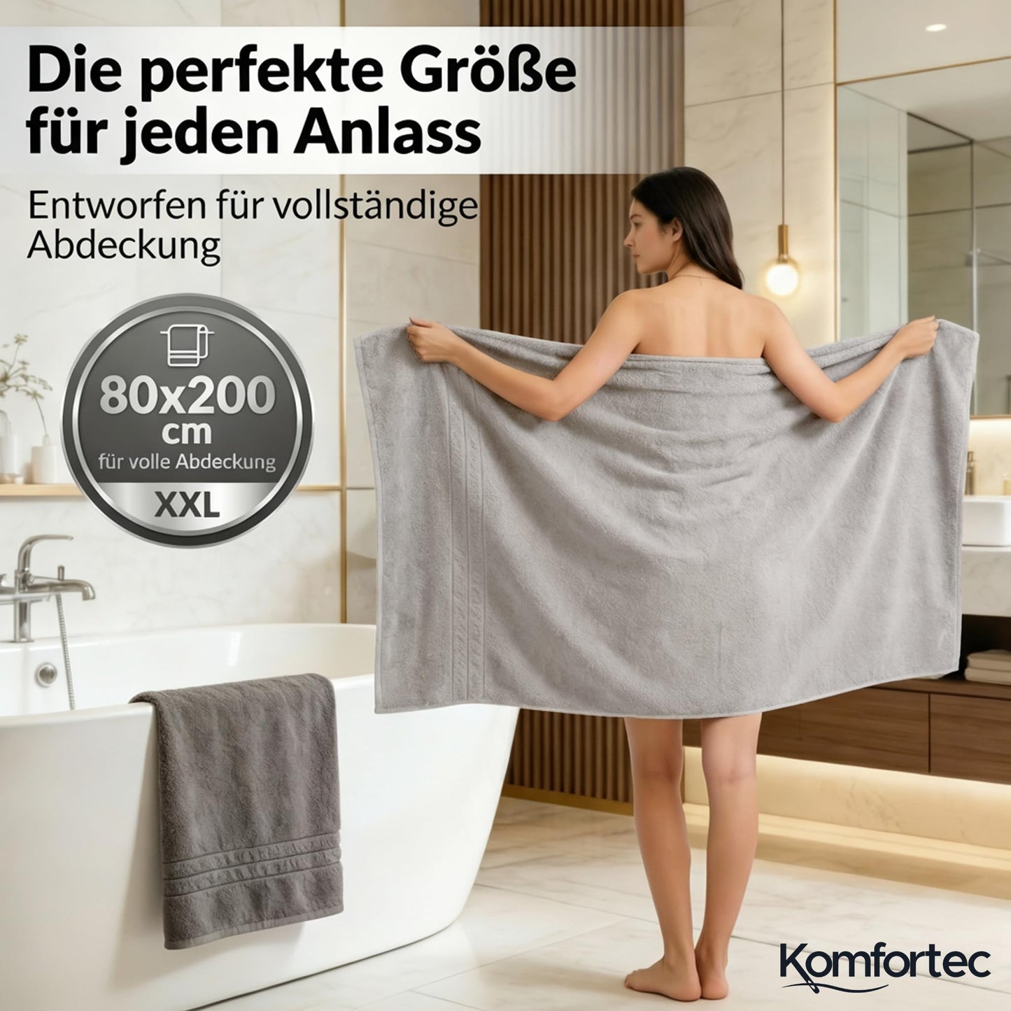 Komfortec 2 sauna towel set 80x200 cm, large sauna towels made of 100% cotton, sauna towels, fluffy and absorbent, quick-drying, anthracite gray/silver - 2er-80x200-anthrazit-silber
