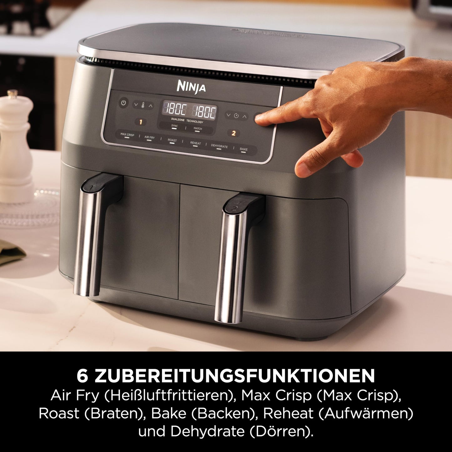 Ninja Dual Zone Digital Air Fryer, 2 Drawer, 6-in-1, Oil-Free Air Fryer, 7.6L, Air Frying, Max Crisp, Roasting, Baking, Reheating, Dishwasher Safe Baskets, Metallic Gray DZ300EU