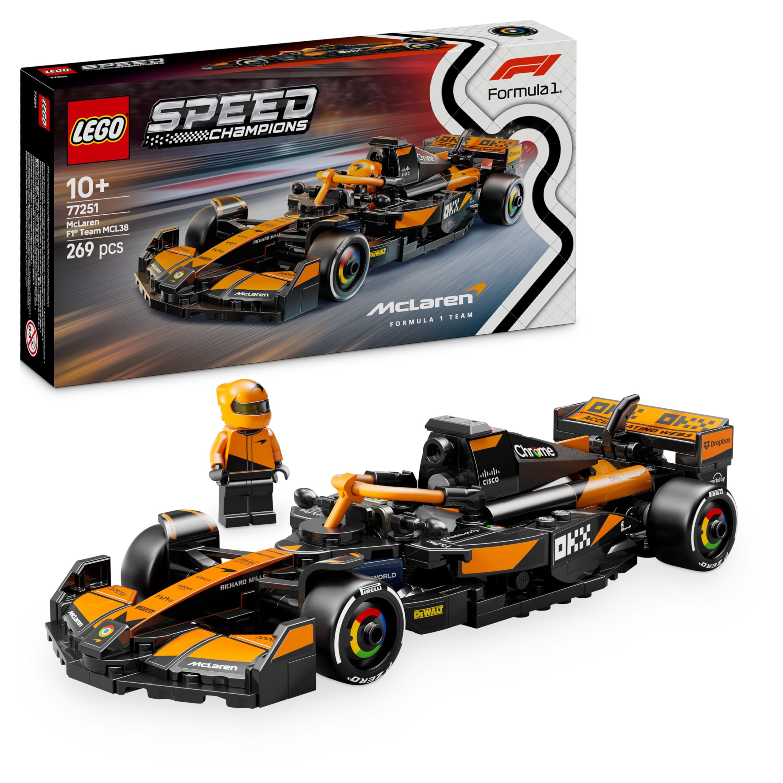 LEGO Speed Champions McLaren F1 Team MCL38 racing car - toy with Formula 1 minifigure to collect - model and gift for boys and girls aged 10 and over and adults motorsport fan 77251