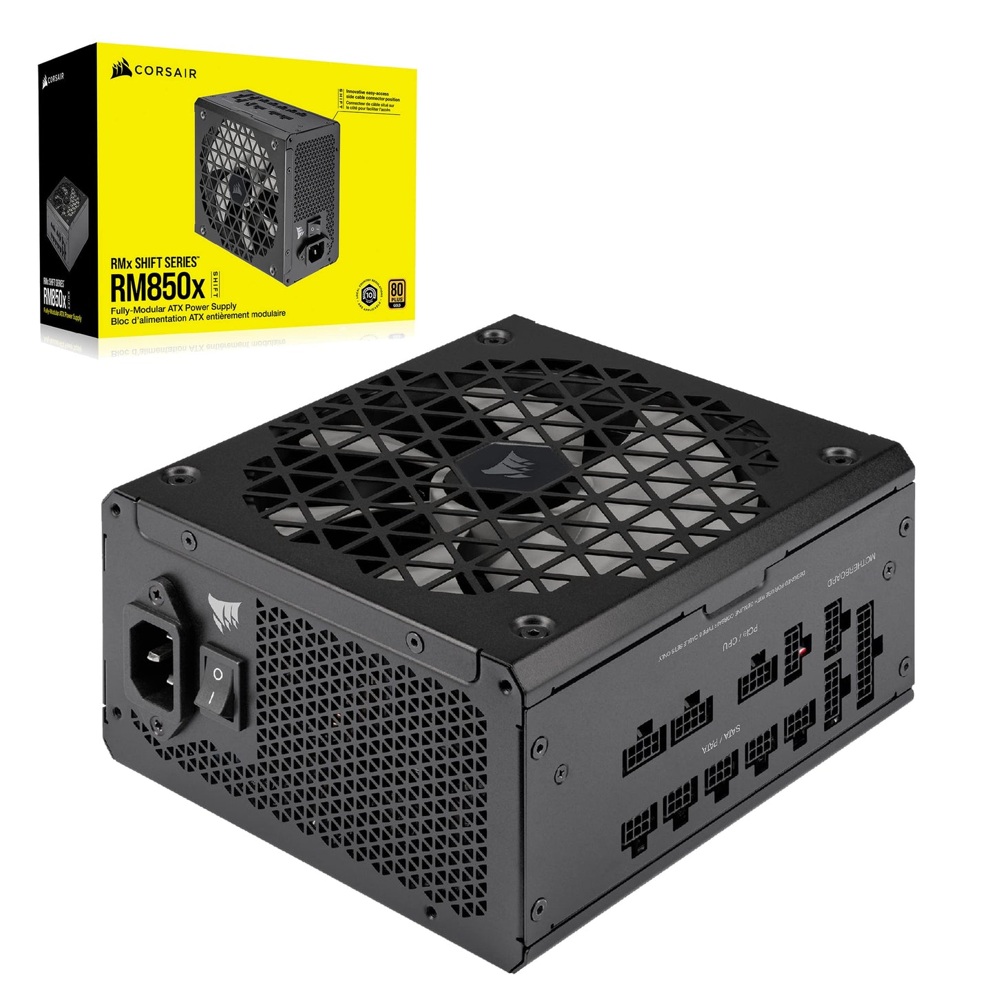 Corsair RM850x SHIFT Fully Modular ATX Power Supply - Modular Side Interface - ATX 3.1 & PCIe 5.1 Compatible - Zero Speed Fan Mode - 105°C Capacitors - 80 PLUS Gold Efficiency - Black - CP-9020252-EU