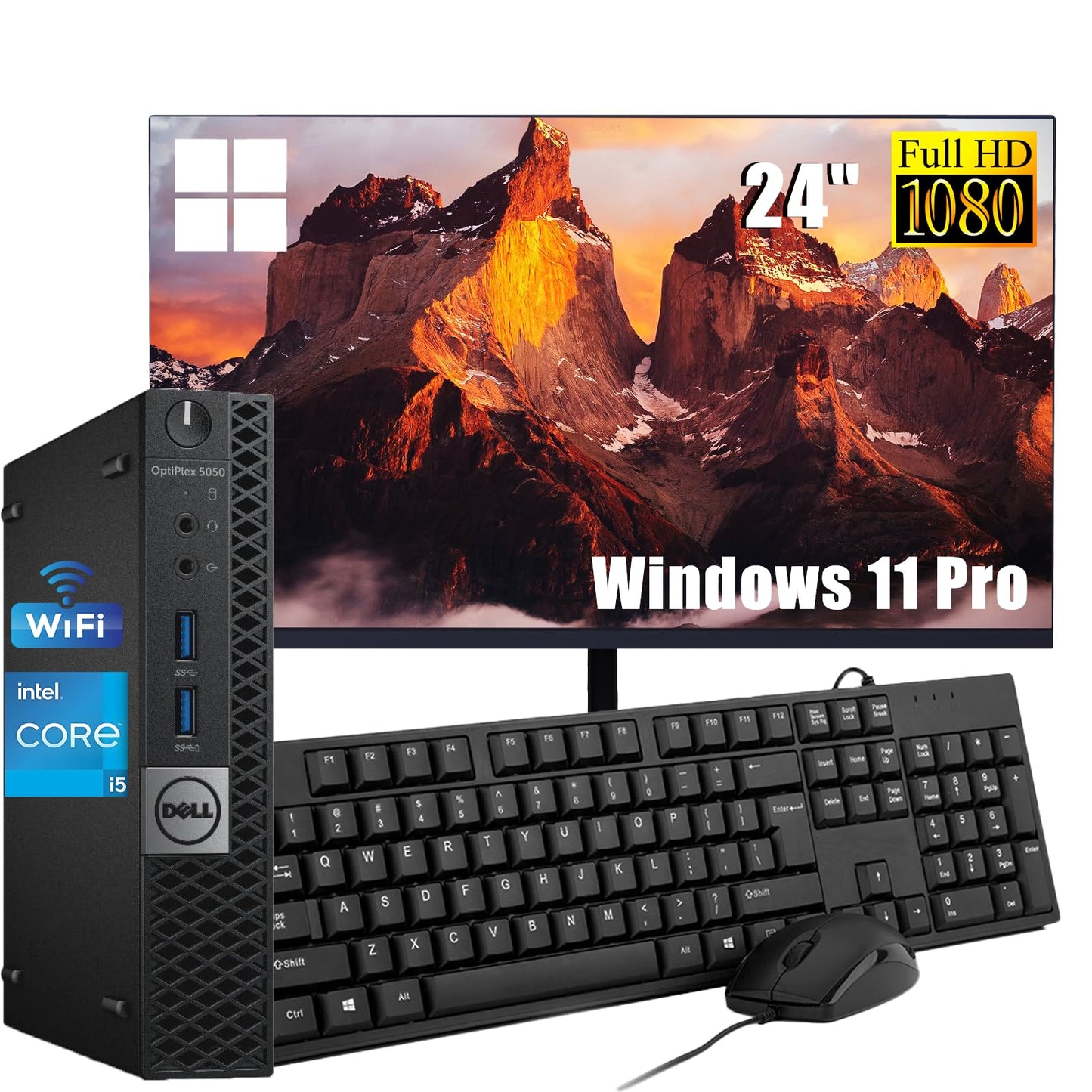 Dell Optiplex 5050 Mini PC with 24-inch monitor, Intel Core i5-6500, 8 GB RAM, 256 GB SSD, US QWERTY keyboard, WLAN, Bluetooth, Windows 11 Pro (refurbished)
