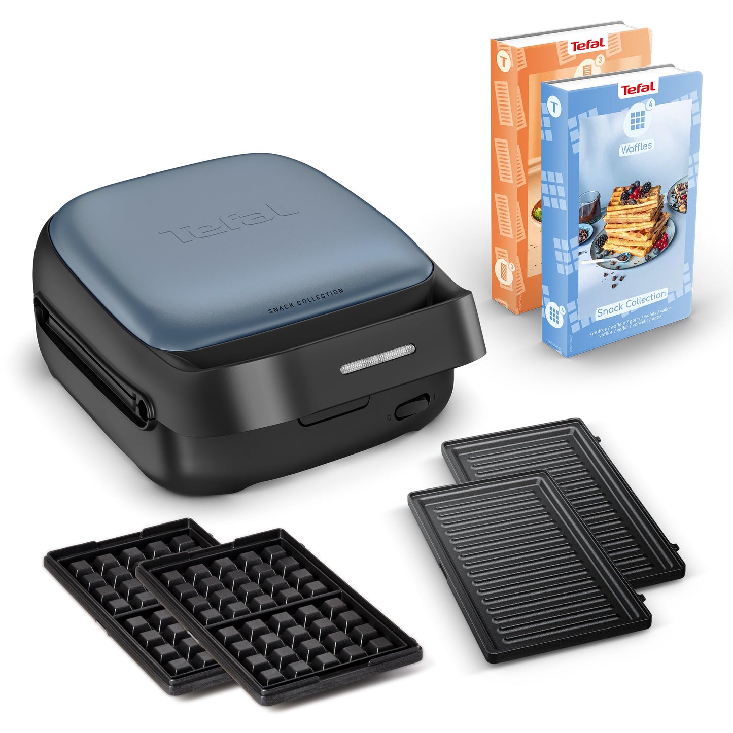 Tefal Snack Collection Sandwich and Waffle Maker, 700W, 2 Removable Plate Sets Included, Non-Stick Coating, Space Saving, Includes Recipe Books, Black/Blue, SW8674F0