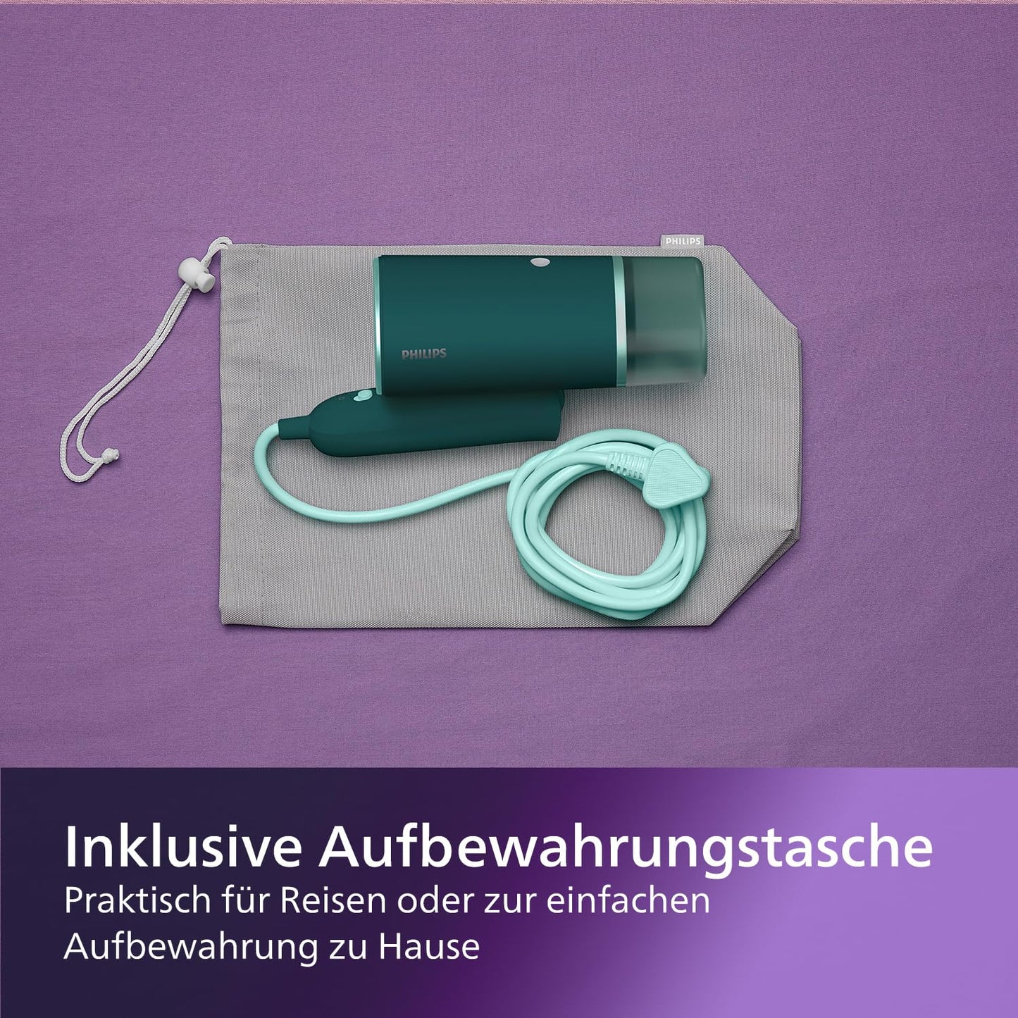 Philips 3000 Series Portable Steamer - 1000W, 20g/min Steam Pressure, Removable 120ml Water Tank, Metal Steam Plate, Includes Storage Bag, 660g Lightweight, Dark Green (STH3020/70)