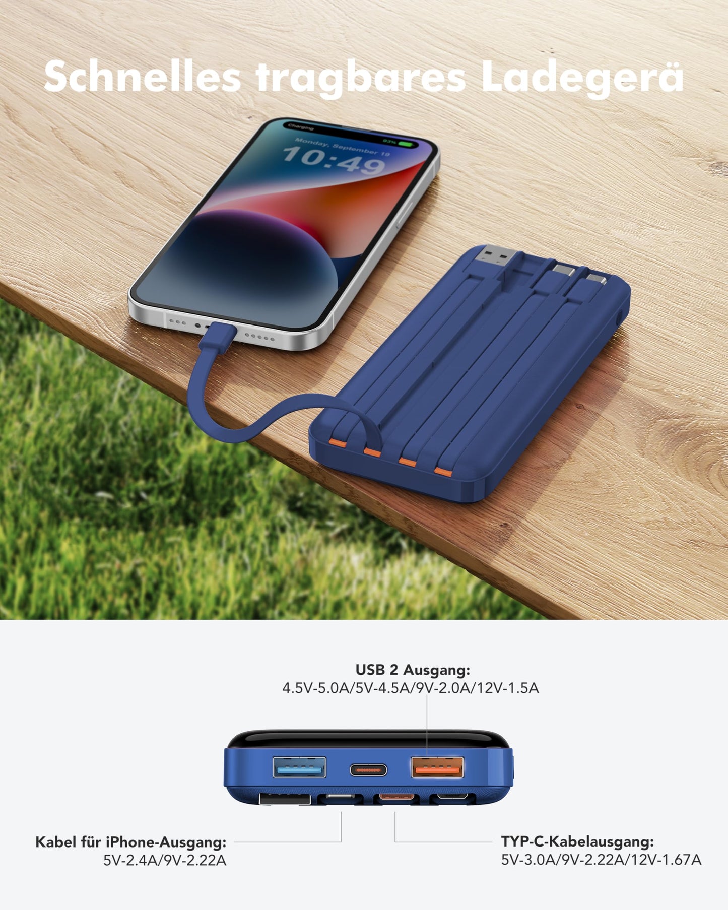Charmast Power Bank, 22.5W Powerbank 20000mAh with 4 cables-Blue - C2065