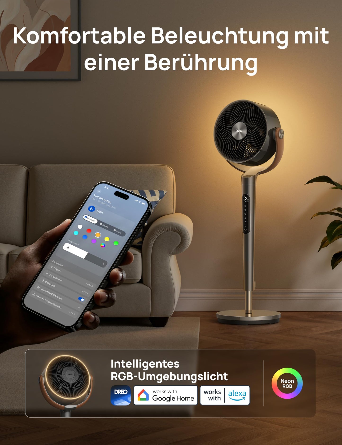 DREO 25 dB Quiet Smart Pedestal Fan, 110 cm Height 6 Modes 8 Speeds 120°+105° Omni-directional Oscillating Fan with Remote Voice Control for Bedroom, PolyFan 513S - DR-HAF003S