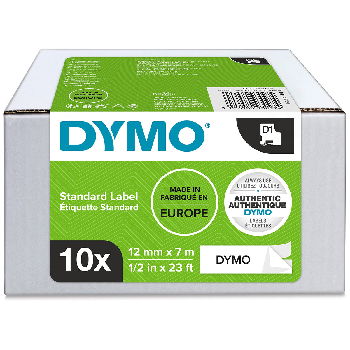 Bandă pentru etichete DYMO Original D1 | negru pe alb | 12mm x 7m | bandă de etichetare autoadezivă | pentru dispozitivul de etichetare LabelManager | 10 casete de etichete - 2093097