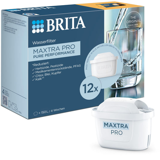 BRITA water filter cartridge MAXTRA PRO Pure Performance (All-In-1) 12-pack annual pack - original replacement water filter for BRITA jugs: pure water taste - filters PFAS, chlorine, lime and metals - 1050420