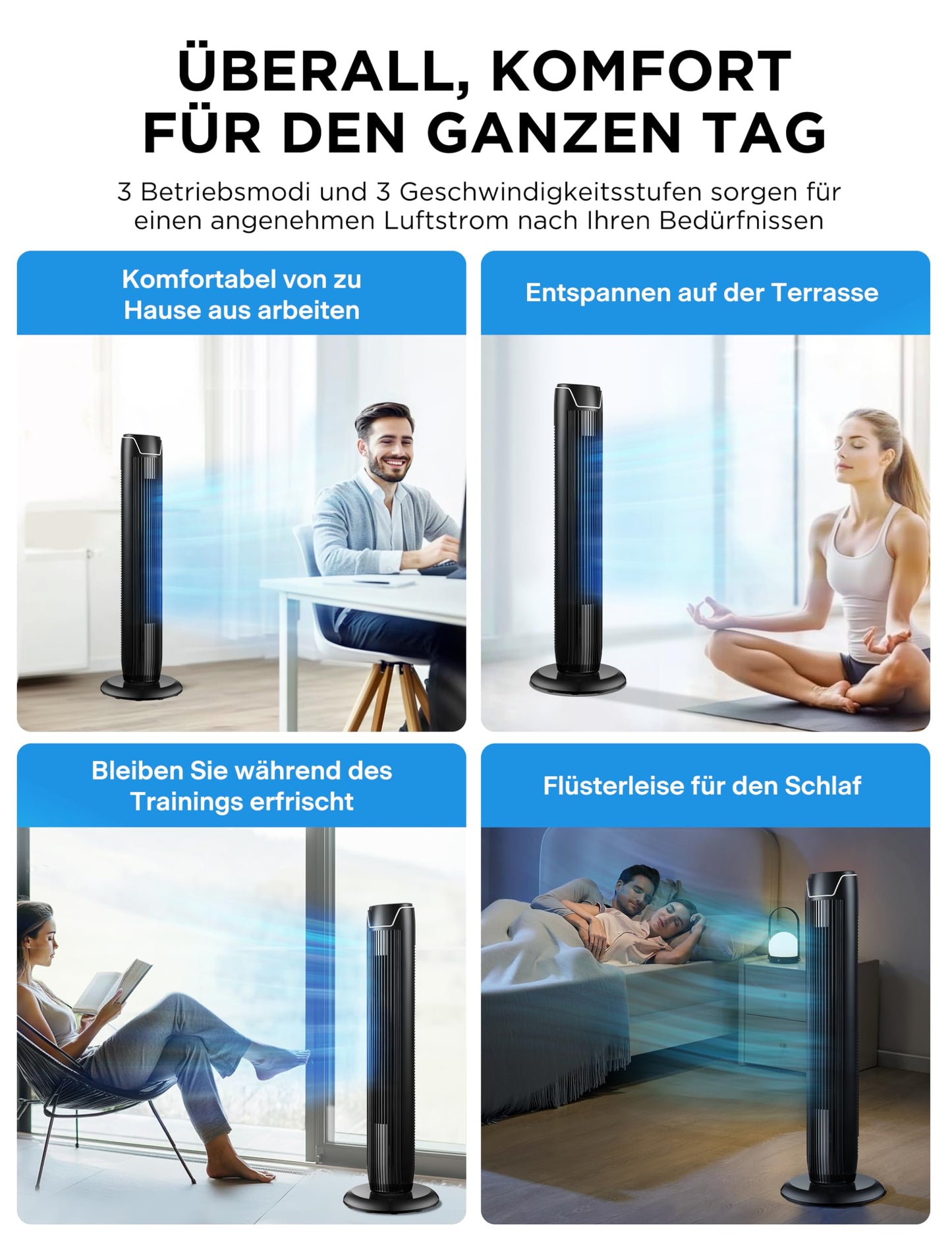 Midea FZ10-17JR Tower Fan Quiet with Remote Control 92CM, Mobile Fan, Column Fan, 7 Hour Timer, 3 Modes, 3 Speeds, 45W Stand Fan, Black