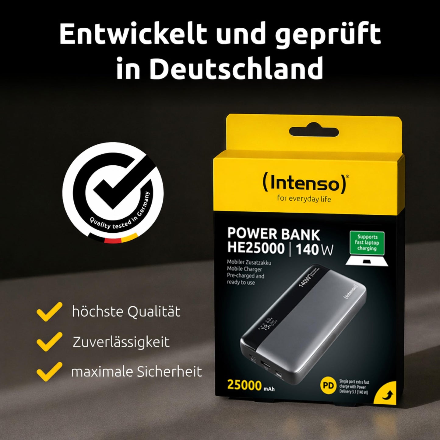 Intenso Powerbank HE25000 140W Power Delivery, 25000mAh external battery, fast charging for MacBook, iPhone, Samsung Galaxy, iPad - USB-C cable & transport bag included - 7350060
