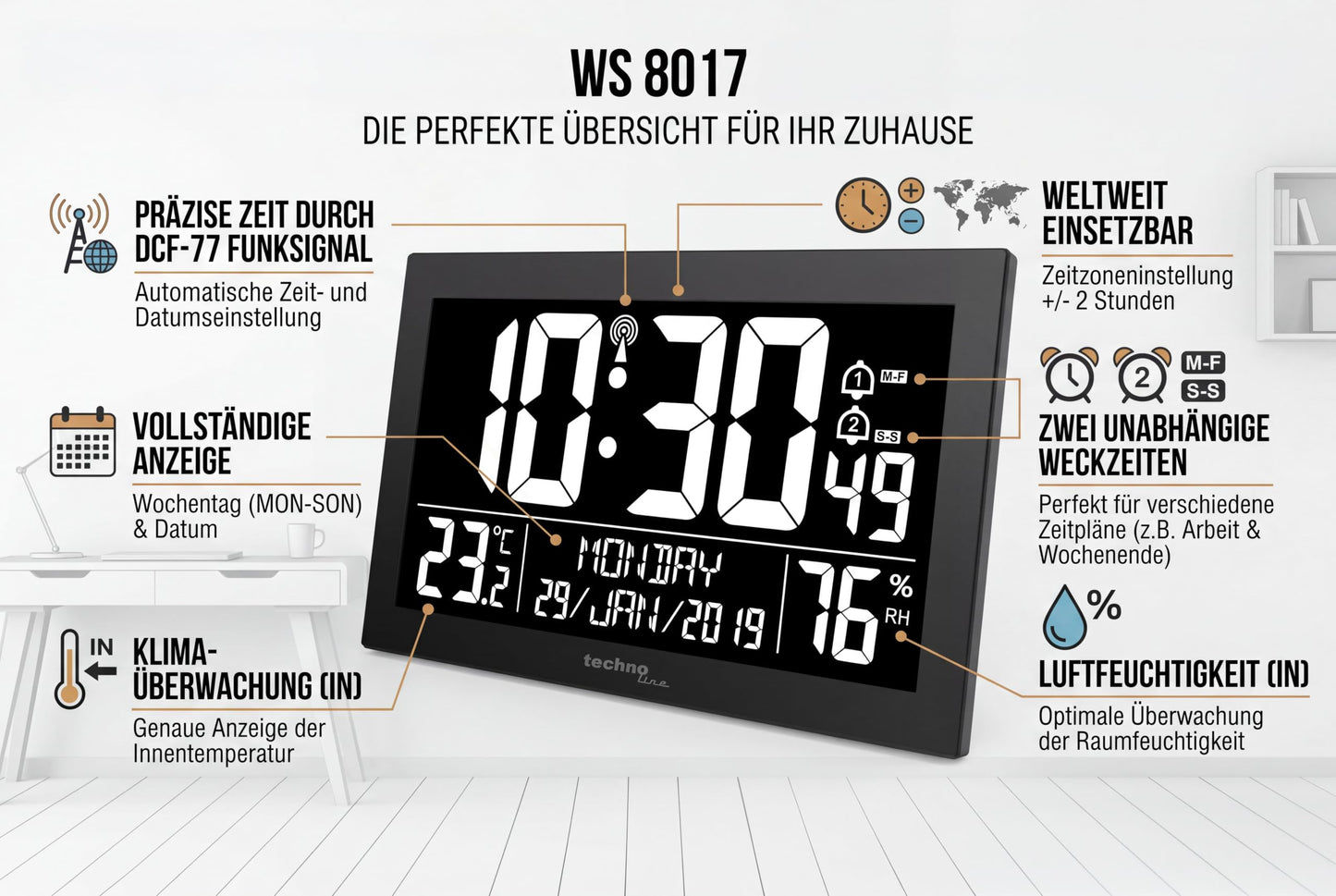 Technoline digital radio clock WS8017 with DCF77 - large LED display, temperature & humidity, 2 alarms with snooze function, calendar up to 2099, 12/24h format, table & wall clock with white LEDs