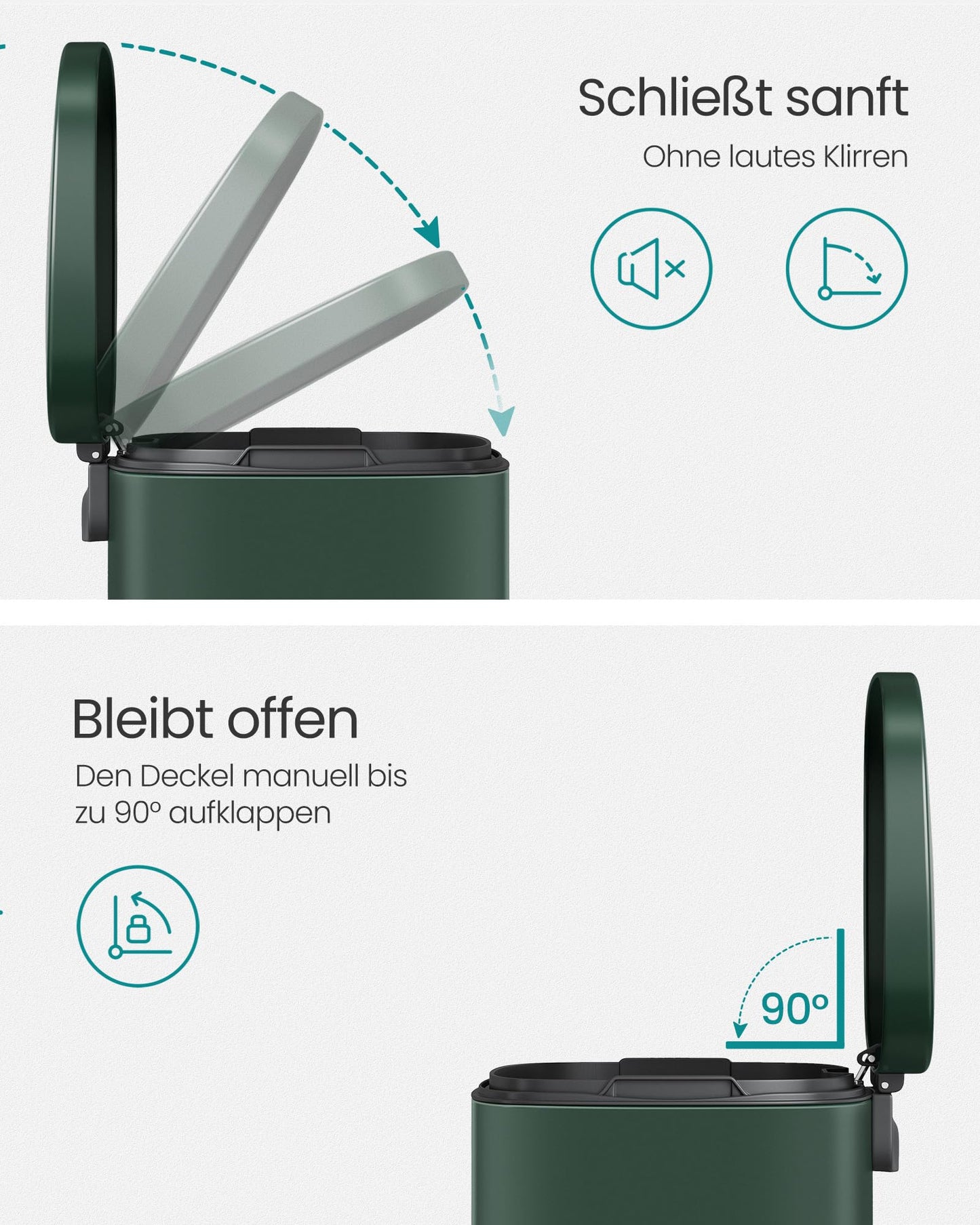 SONGMICS kitchen rubbish bin, 50 liters, waste bin, pedal bin, with lid, soft close, foot pedal, steel, inner bin, vintage green LTB050C02